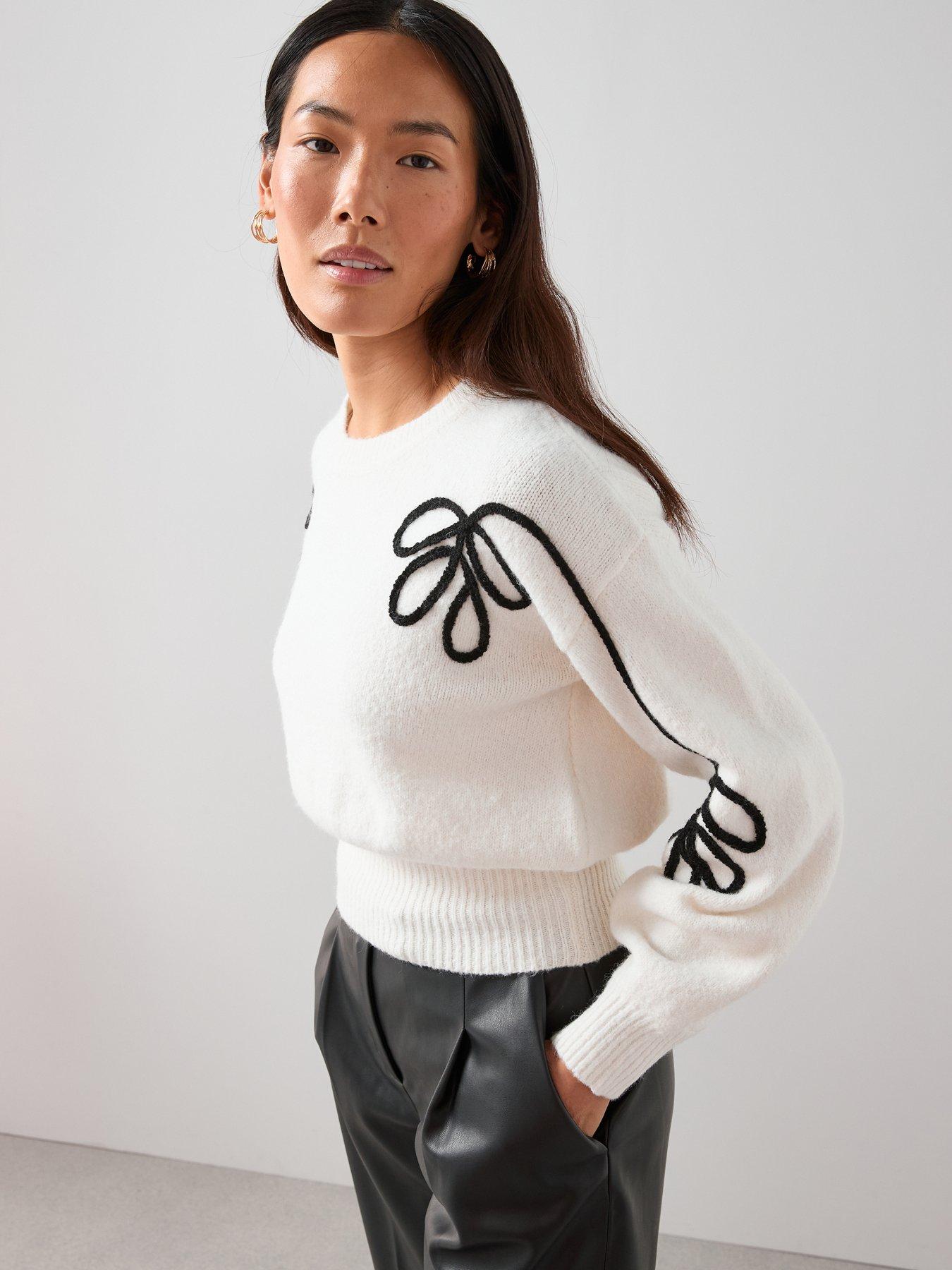  image of the-very-collection-crew-neck-sinched-waist-flower-tape-short-jumper-ivory