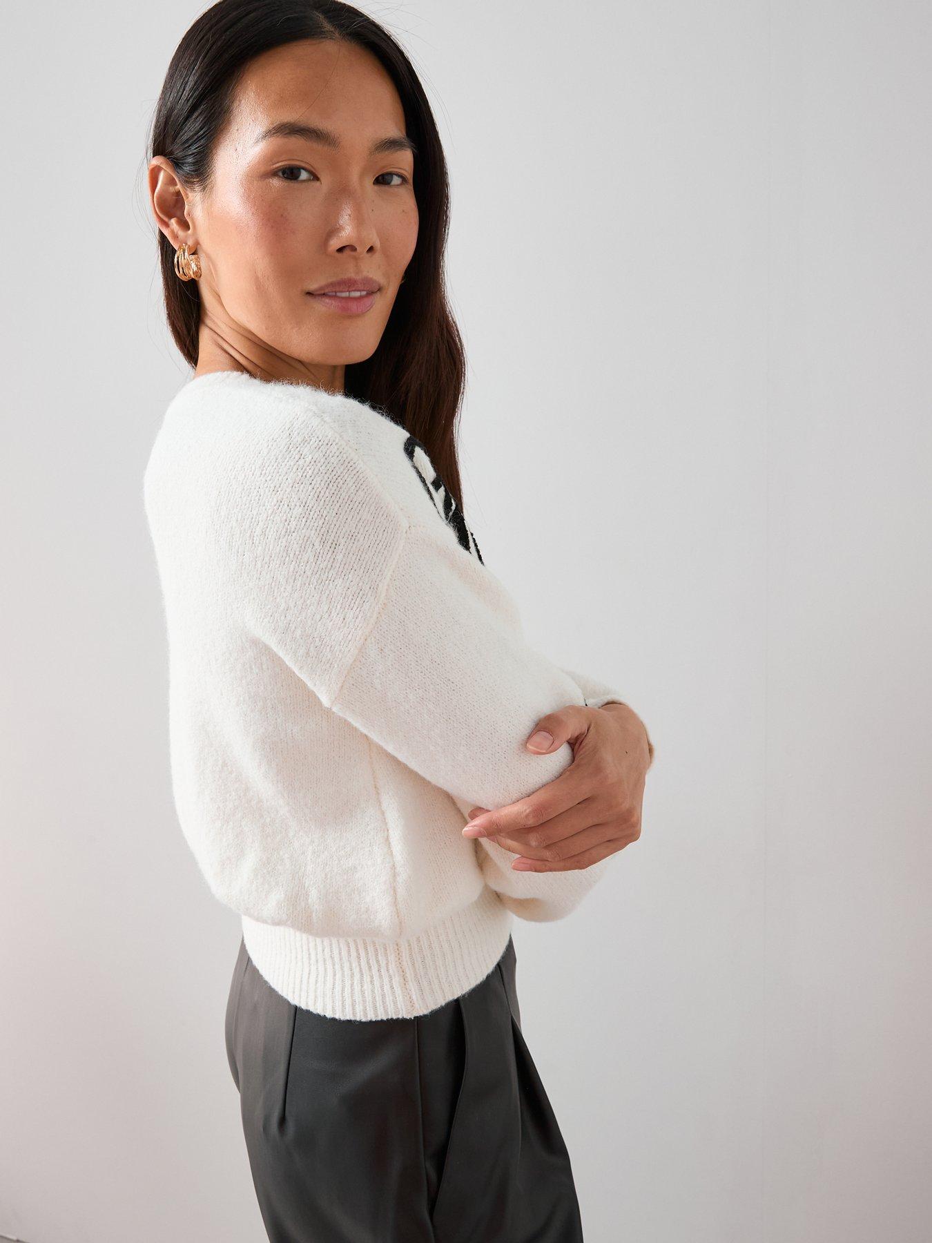  image of the-very-collection-crew-neck-sinched-waist-flower-tape-short-jumper-ivory