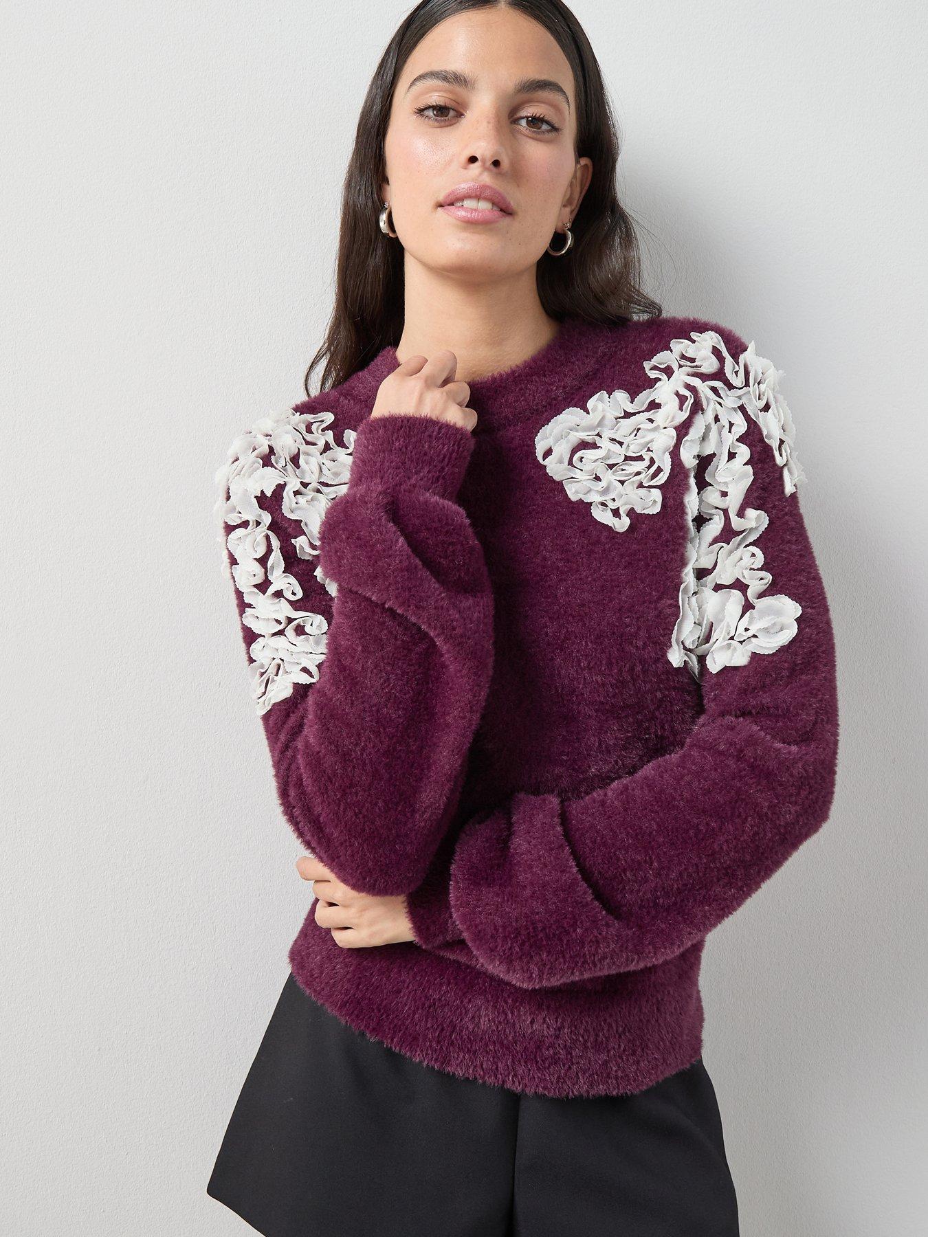The Very Collection Crew Neck Organza Frill Detail Jumper - Burgundy