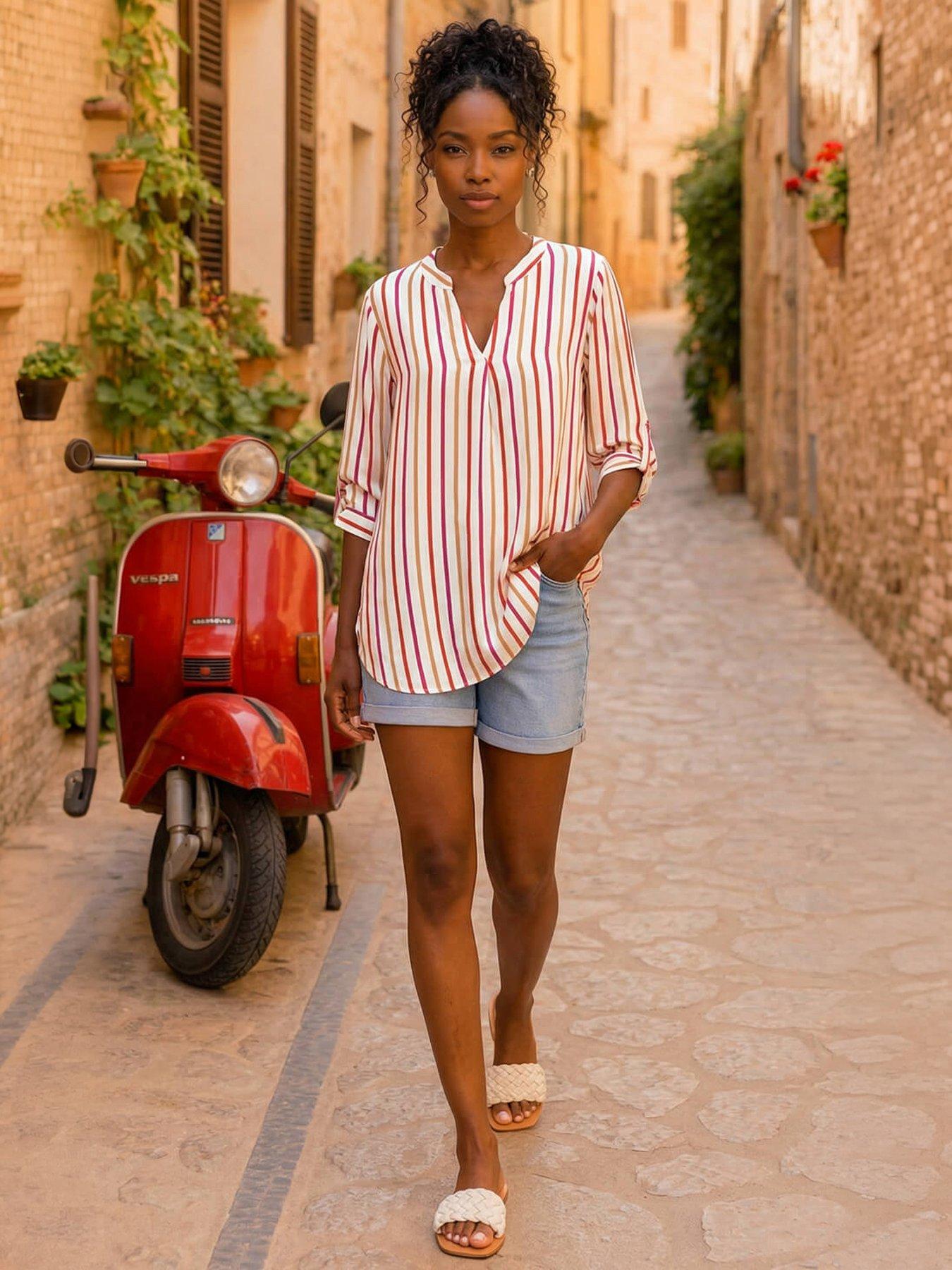 Roman Vertical Stripe Pleat Detail Top - Pink