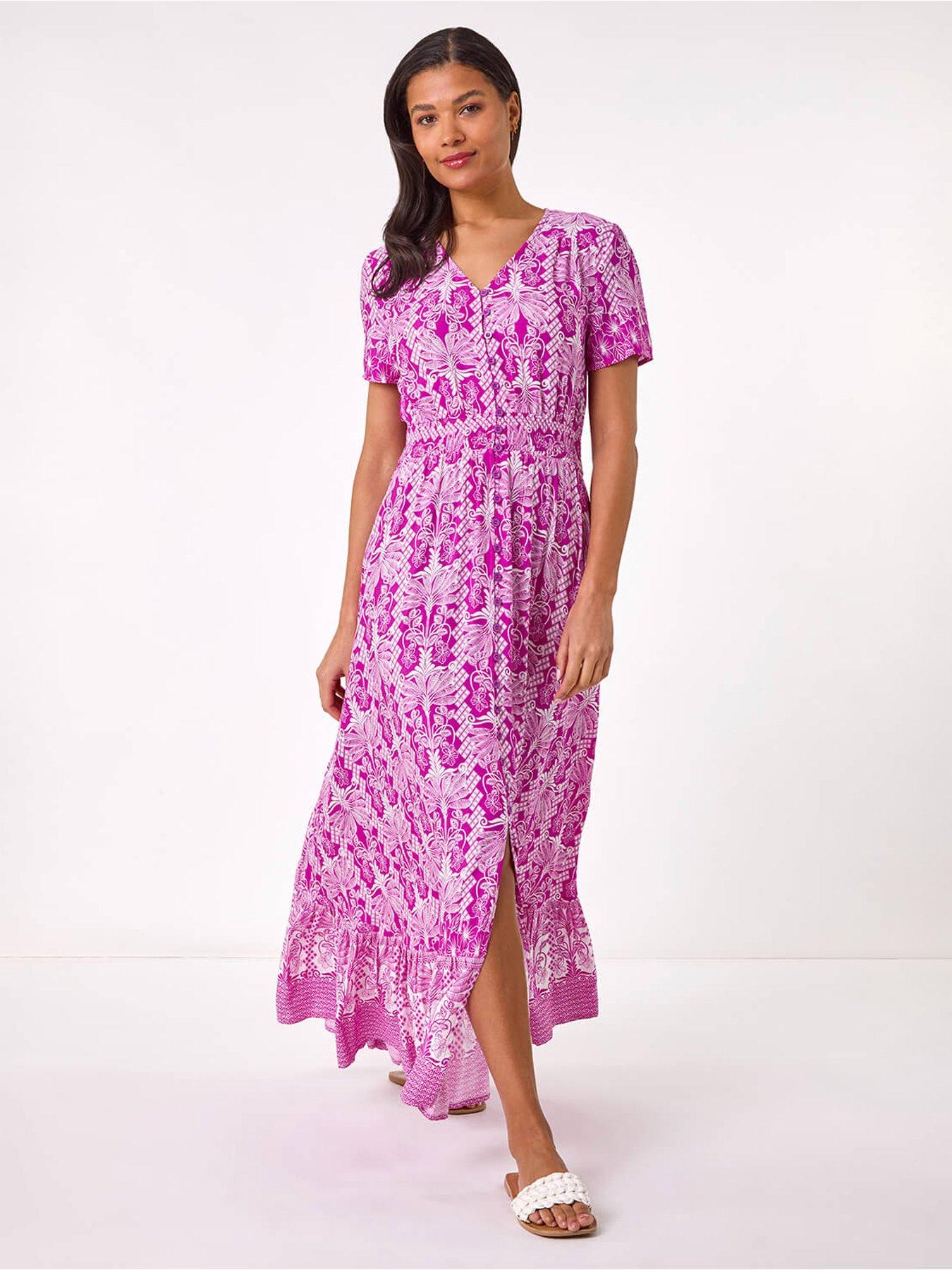 undefined Printed Shirred Waist Maxi Dress -  Pink