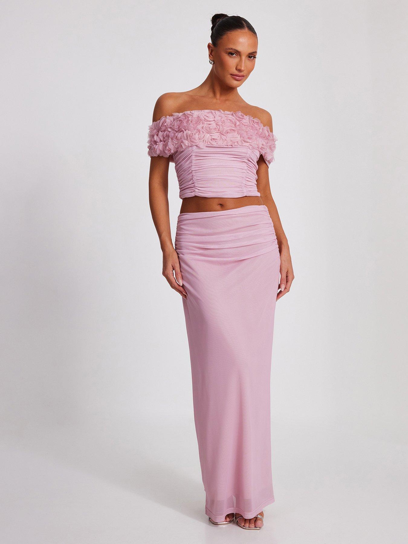 quiz-light-pink-mesh-ruched-midaxi-skirt