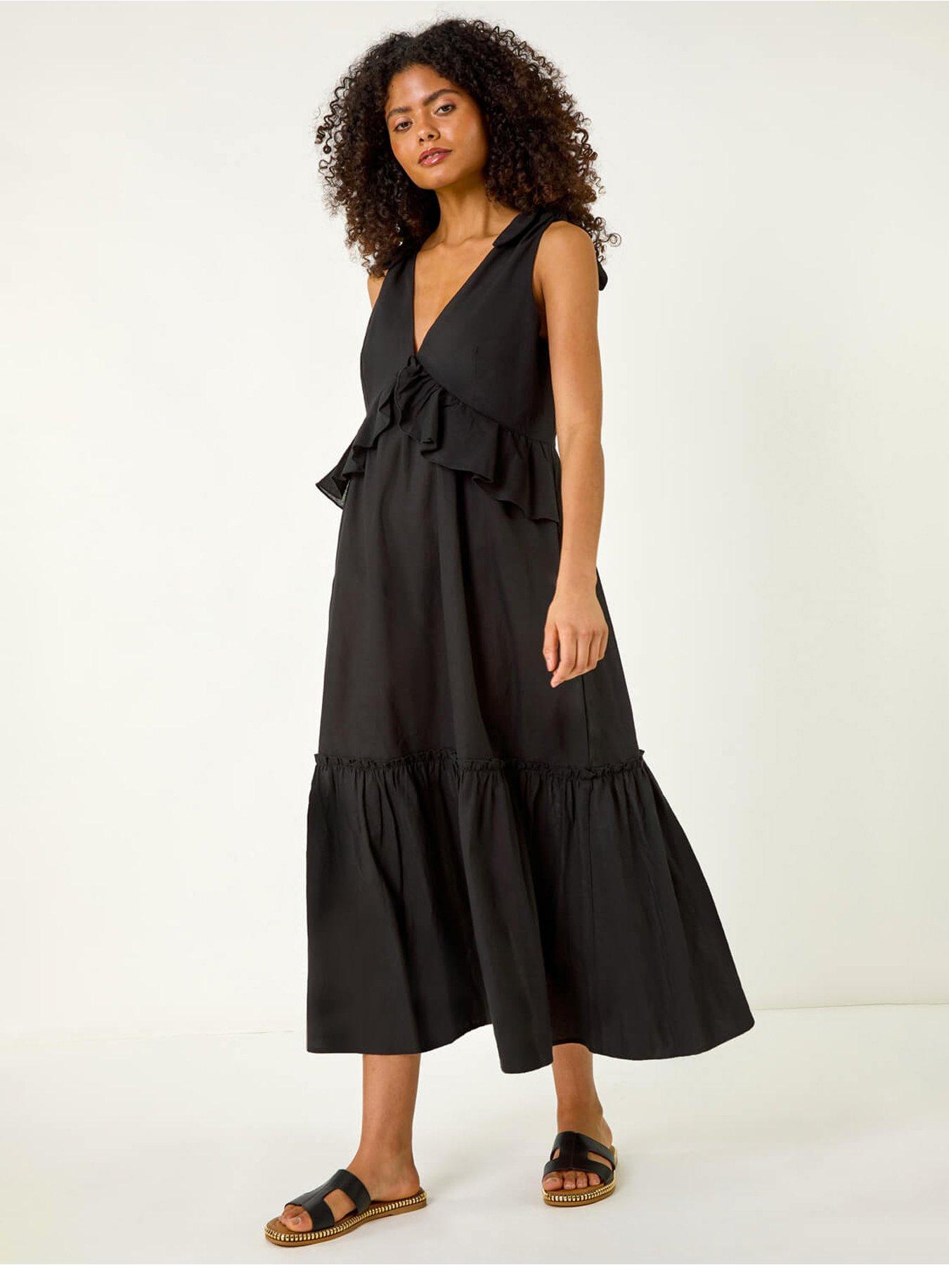 Image 1 of 5 of Roman Bow Detail Poplin Midi Dress -  Black