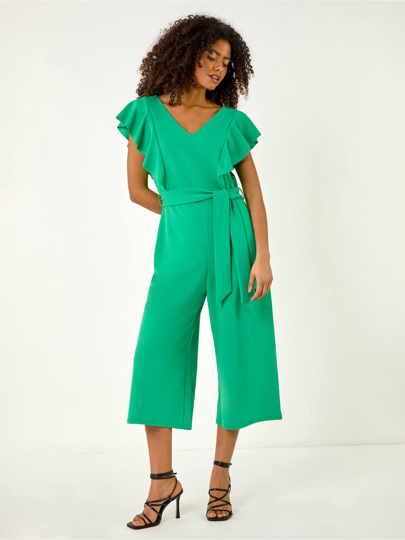 undefined Dusk Frill Crepe Belted Jumpsuit -  Green