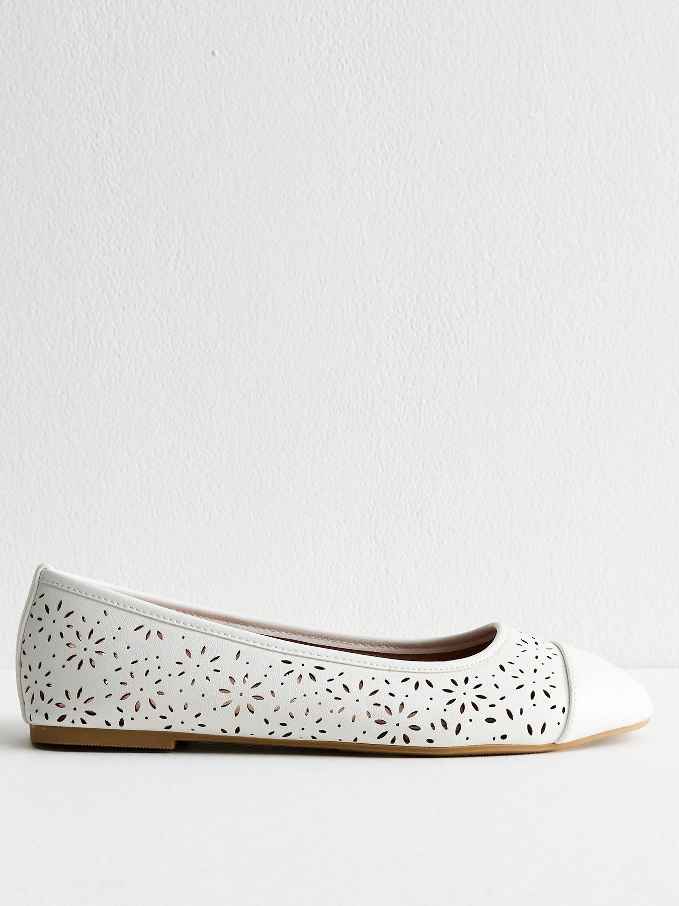 undefined Wide Fit Faux Leather Laser Cut Ballet Flats - White