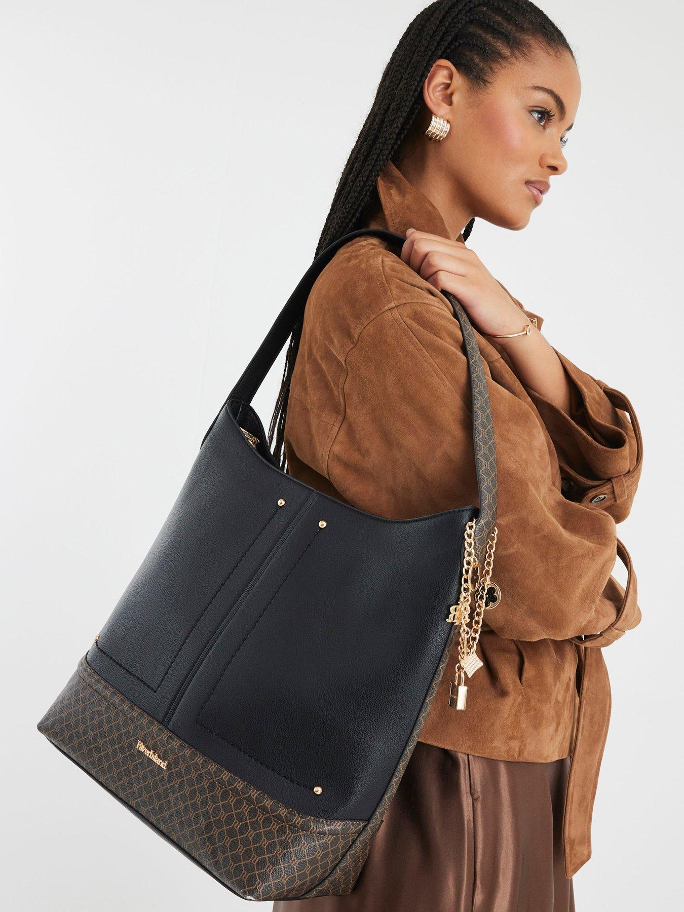 Image 1 of 5 of River Island Curve Top Charm Slouch Bag - Black
