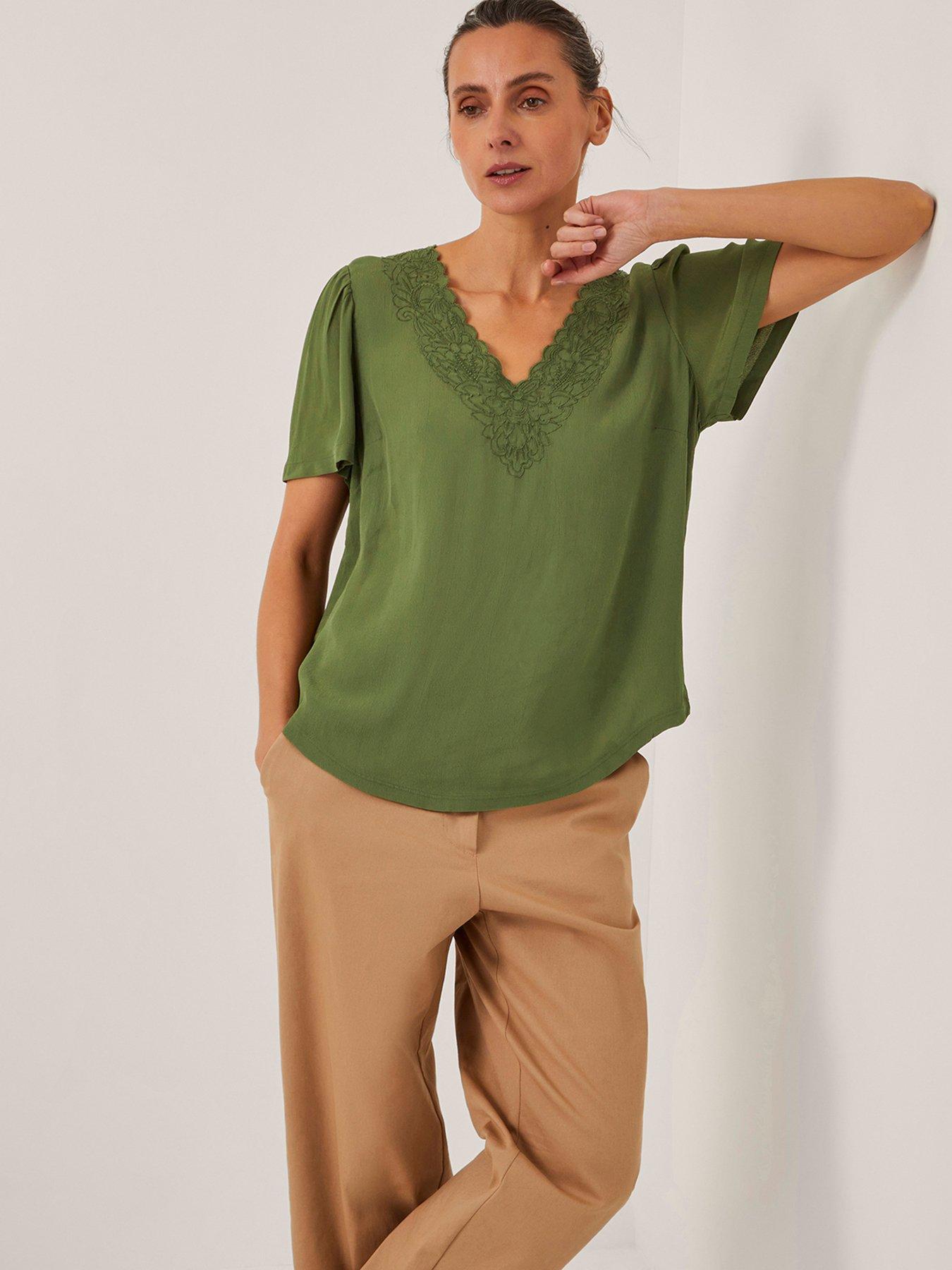 Image 4 of 5 of Monsoon Lisa Lace Detail T-Shirt - Khaki