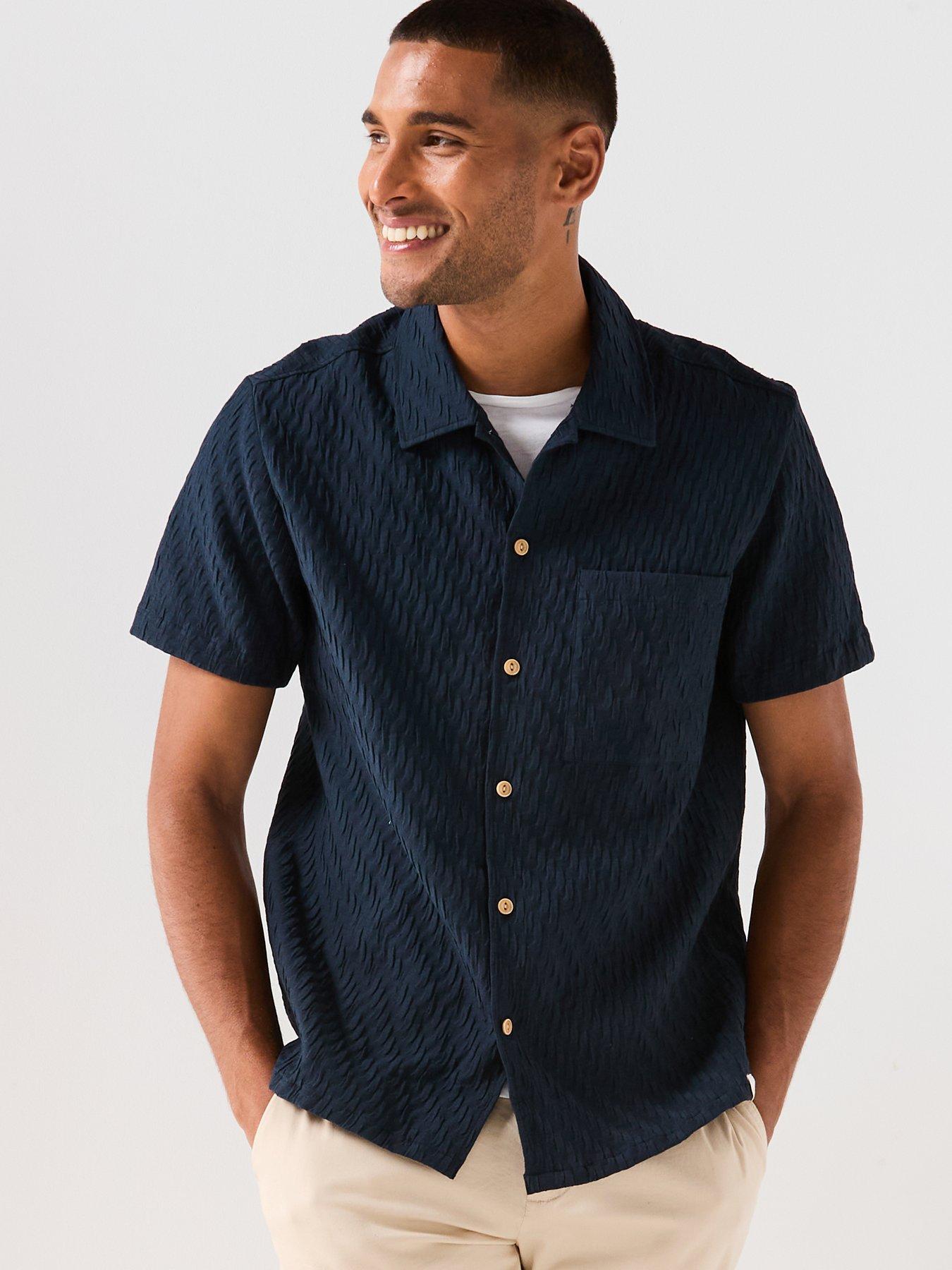 undefined Finn Textured Relaxed Short Sleeve Shirt- Navy
