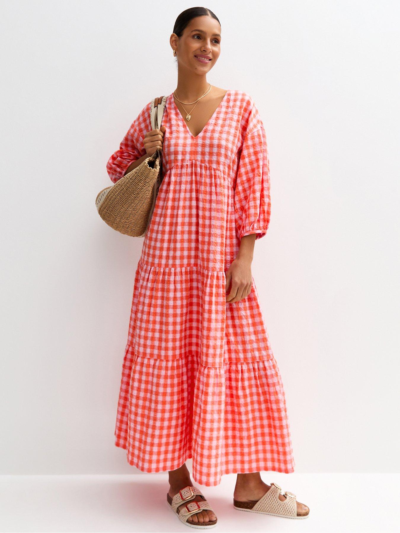 new-look-pink-gingham-check-tiered-midi-dress