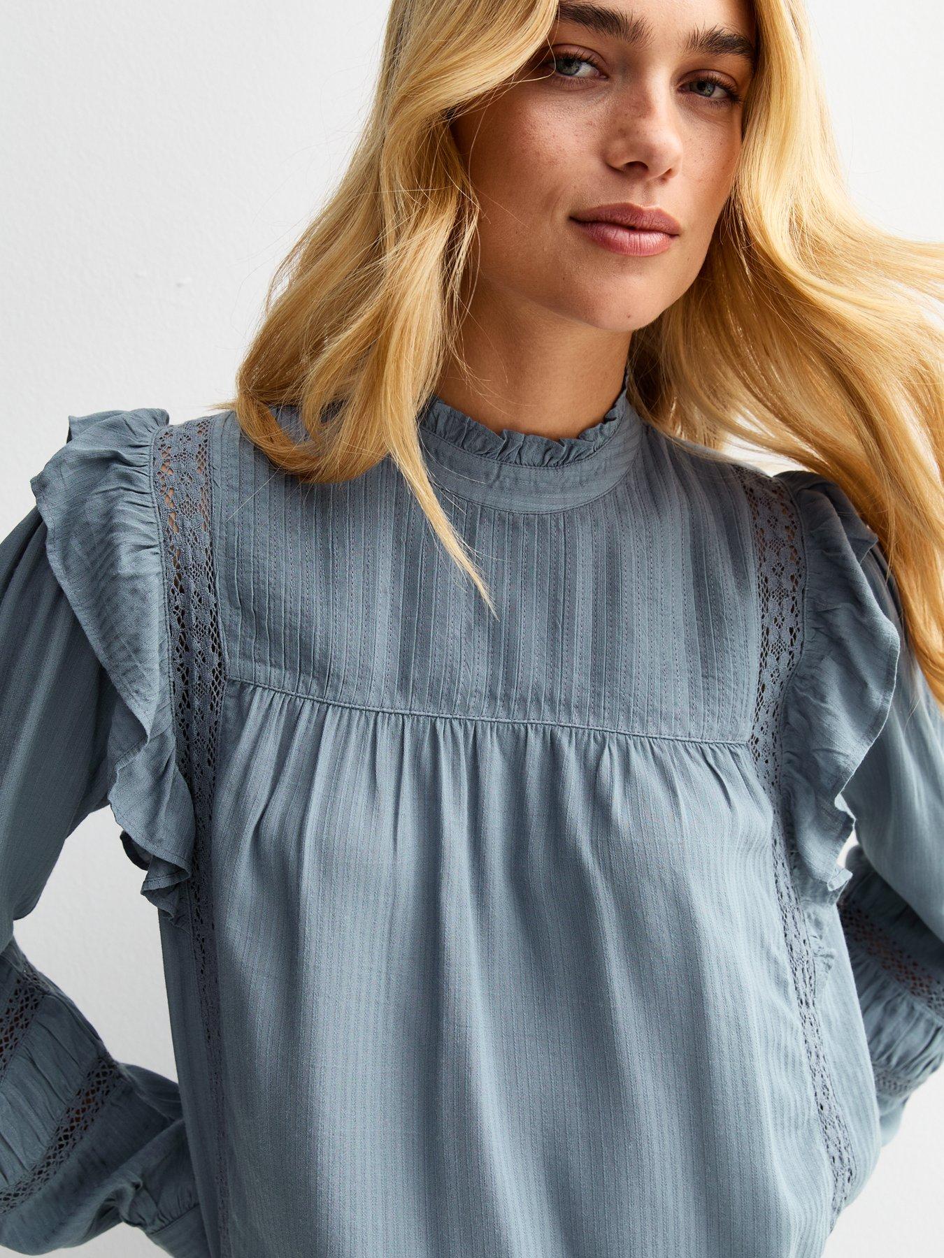  image of new-look-frilly-trimmed-lace-insert-blouse-blue
