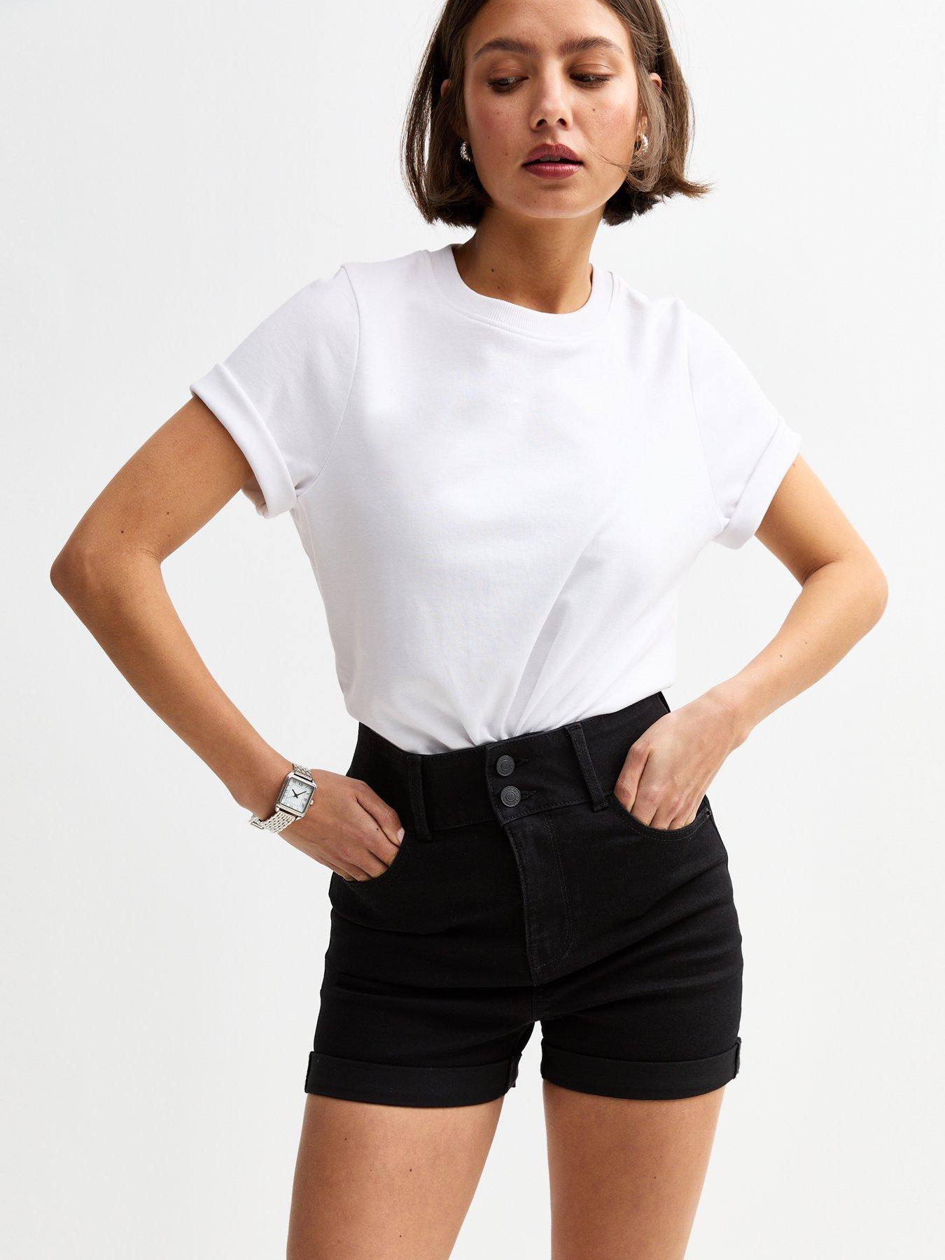undefined High Waisted Denim Shorts - Black