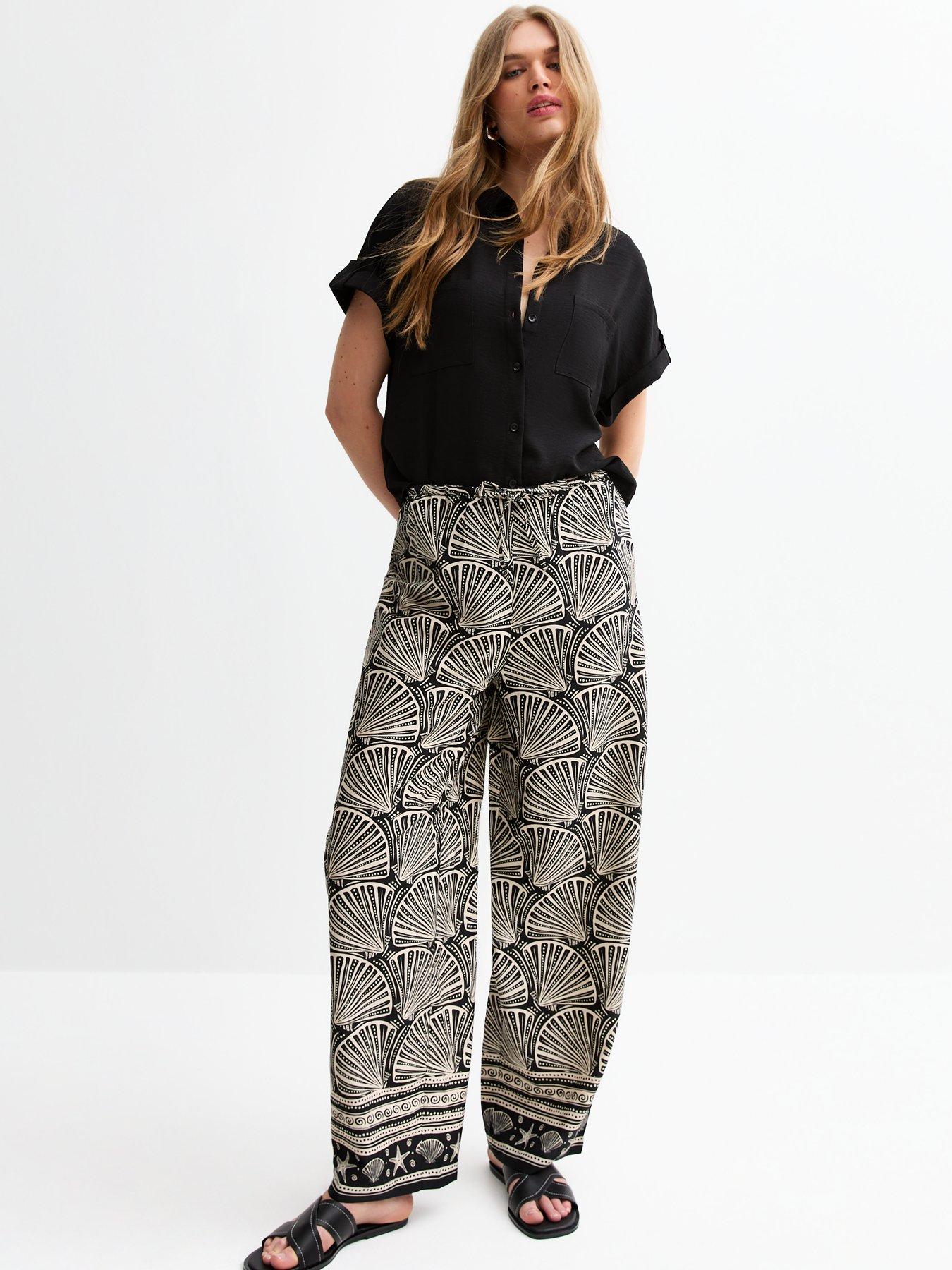 undefined Crepe Shell Print Wide Leg Trousers - Black