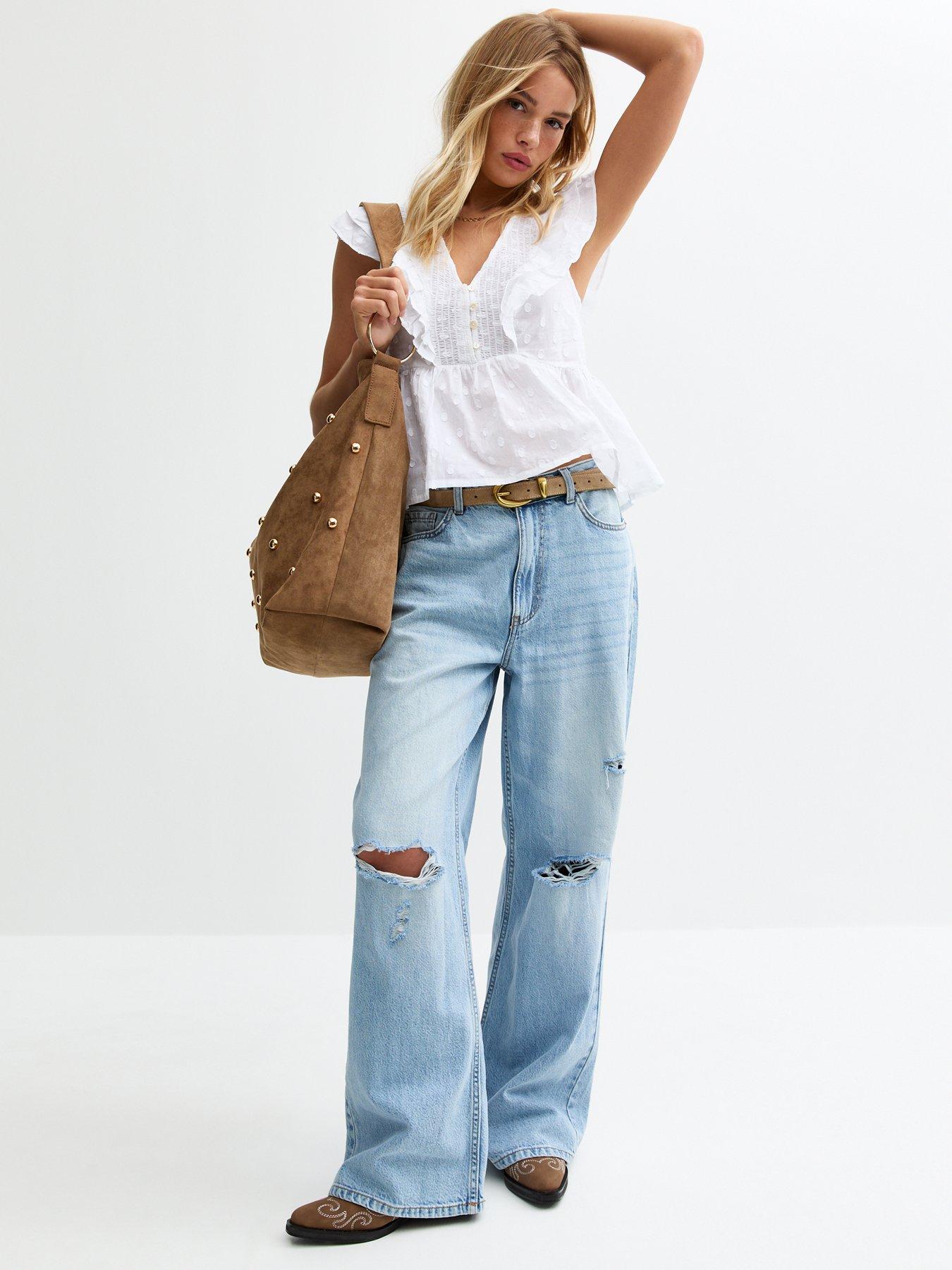  image of new-look-white-laced-frilly-button-v-neck-top