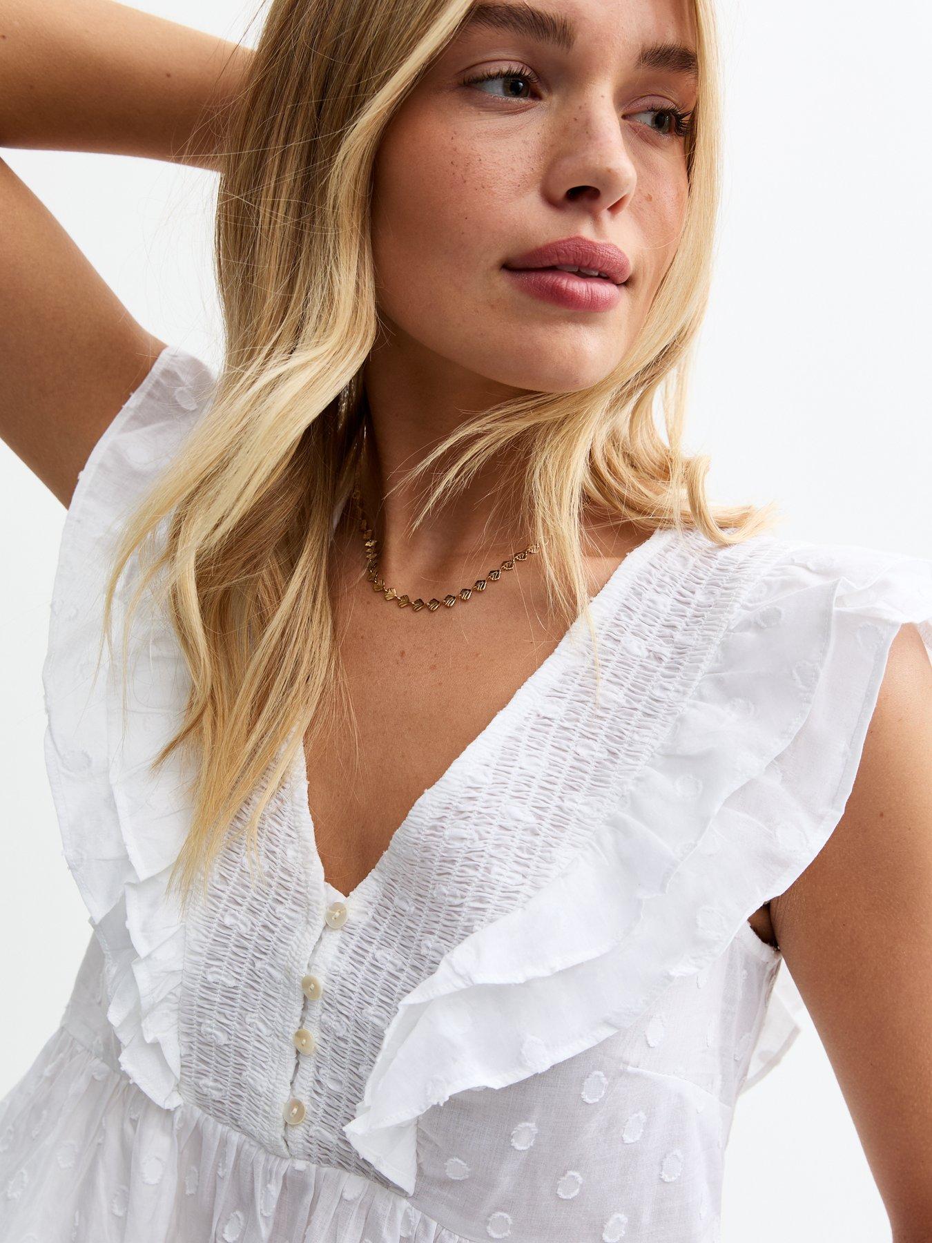  image of new-look-white-laced-frilly-button-v-neck-top