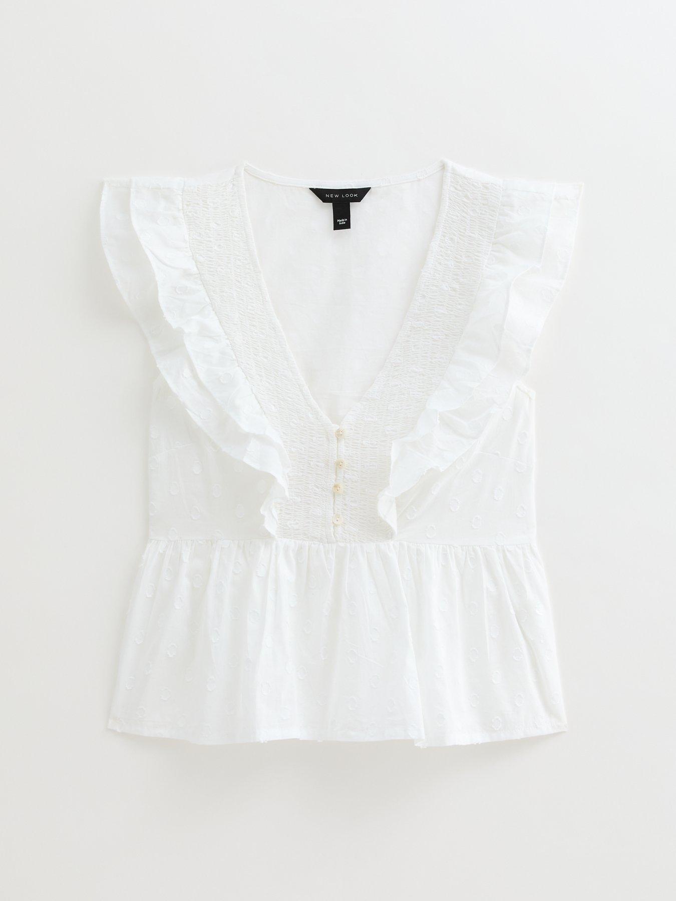  image of new-look-white-laced-frilly-button-v-neck-top