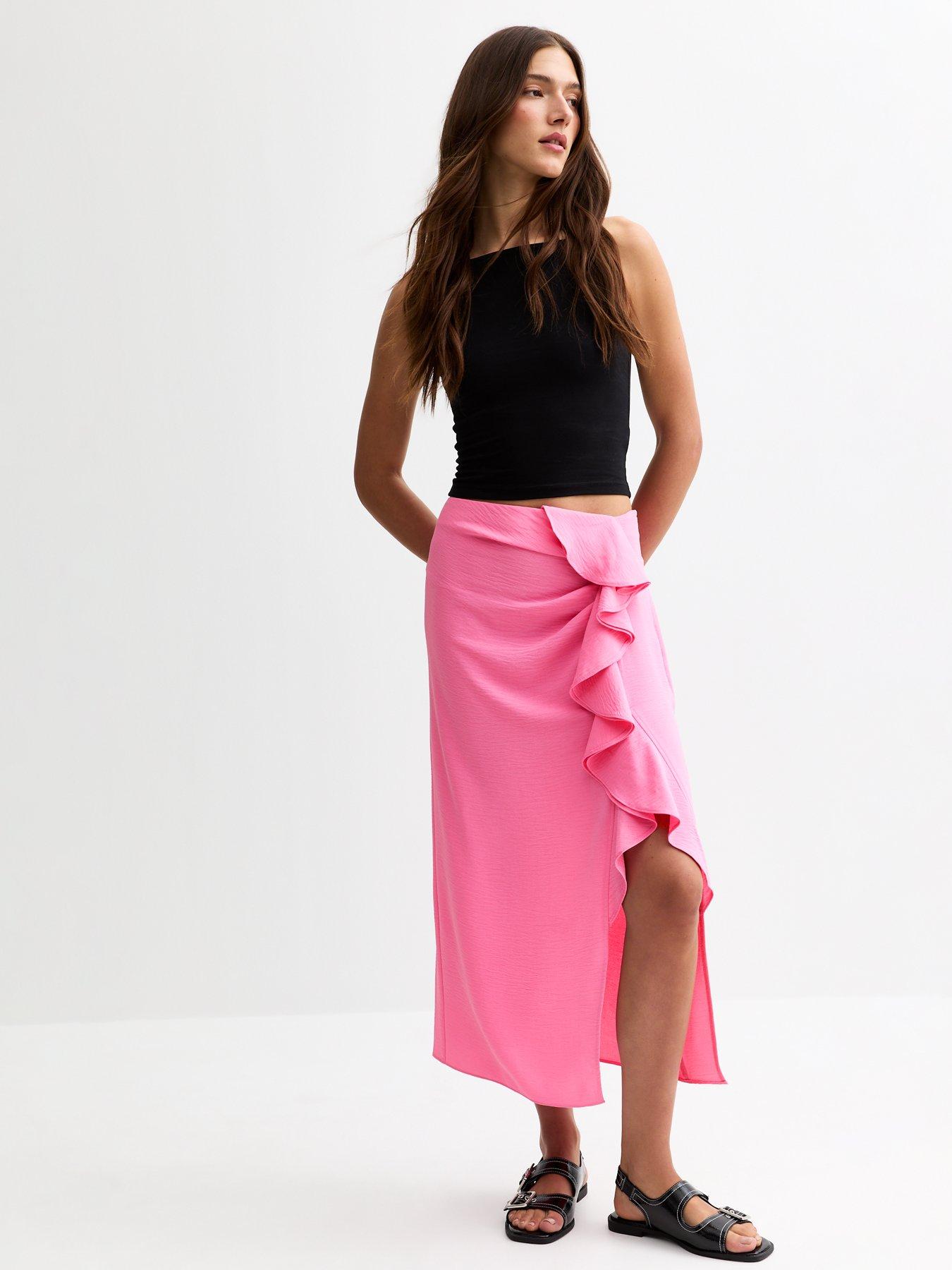 undefined Textured Ruffle Side Midi Skirt - Bright Pink