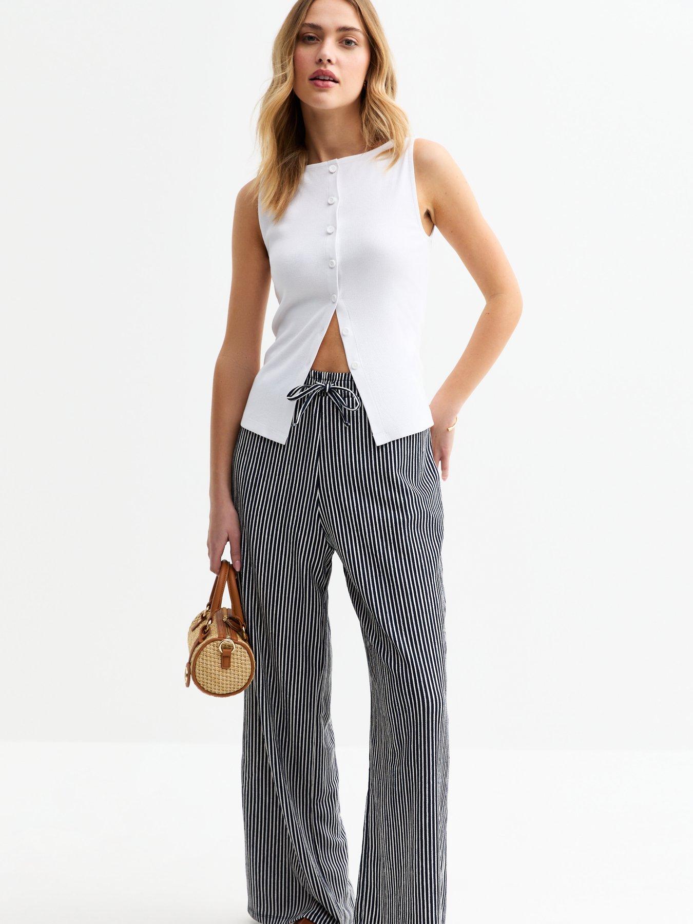 undefined Striped Drawstring Waist Wide Leg Trousers - Blue