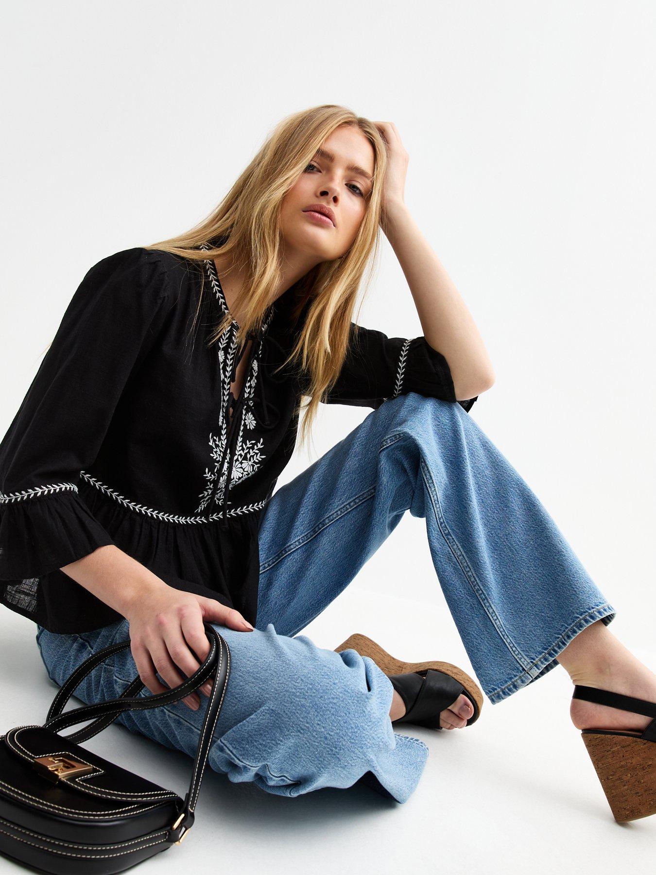 new-look-floral-embroidered-tie-front-smock-top-black