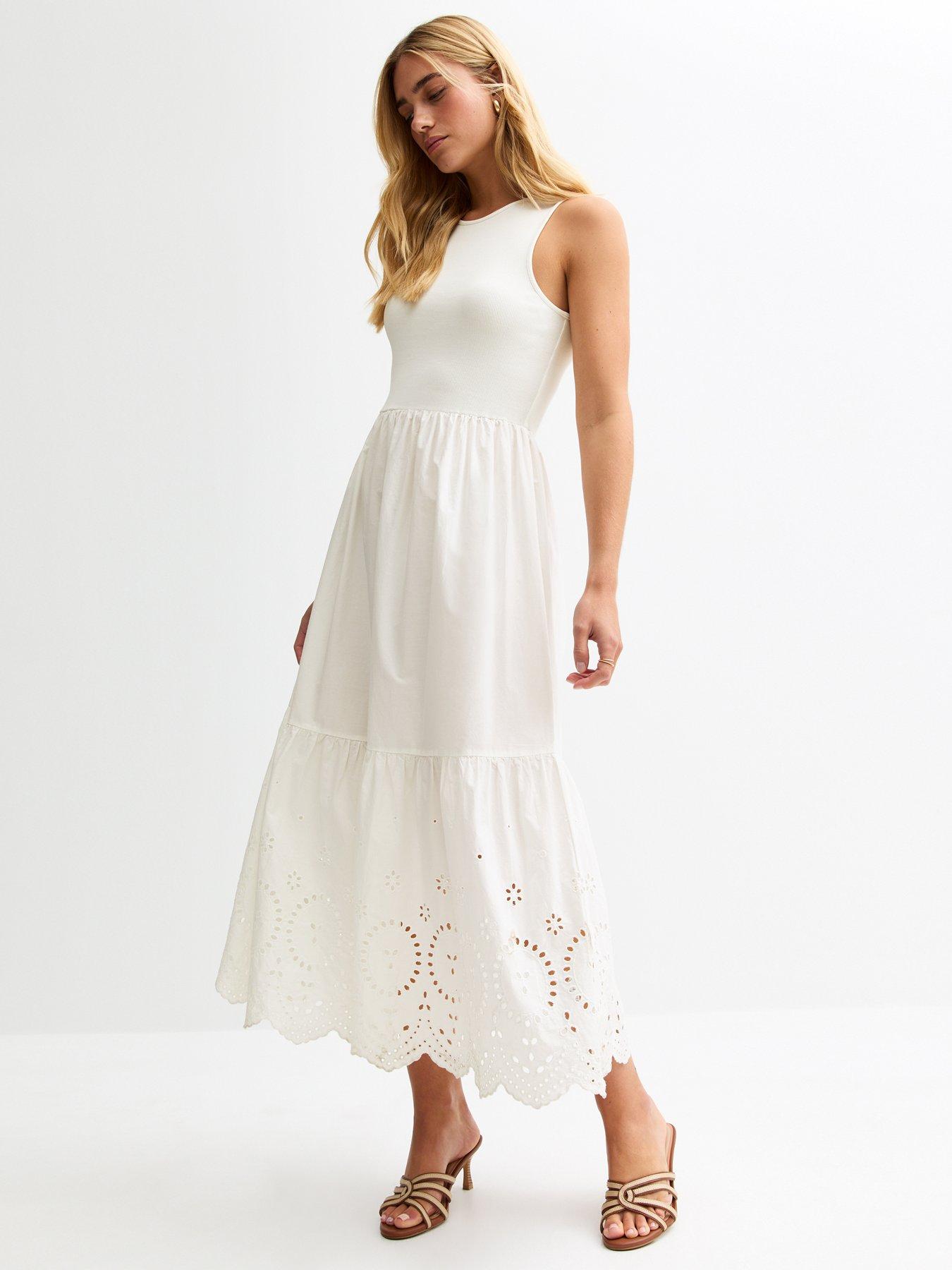 undefined Rib Racerback Broderie Anglaise Embroidered Midi Dress - White