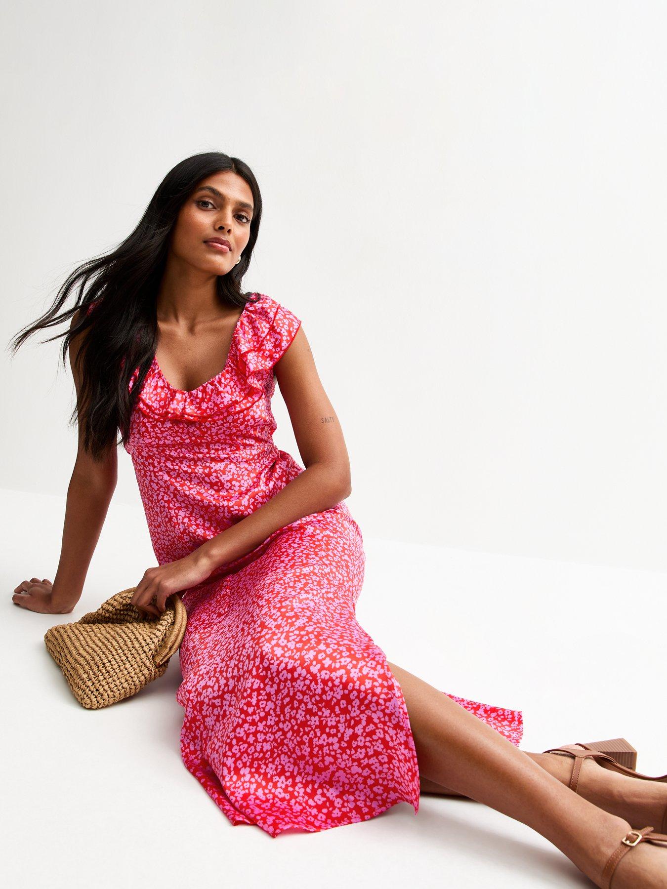 undefined Floral Print Satin Midi Dress - Pink