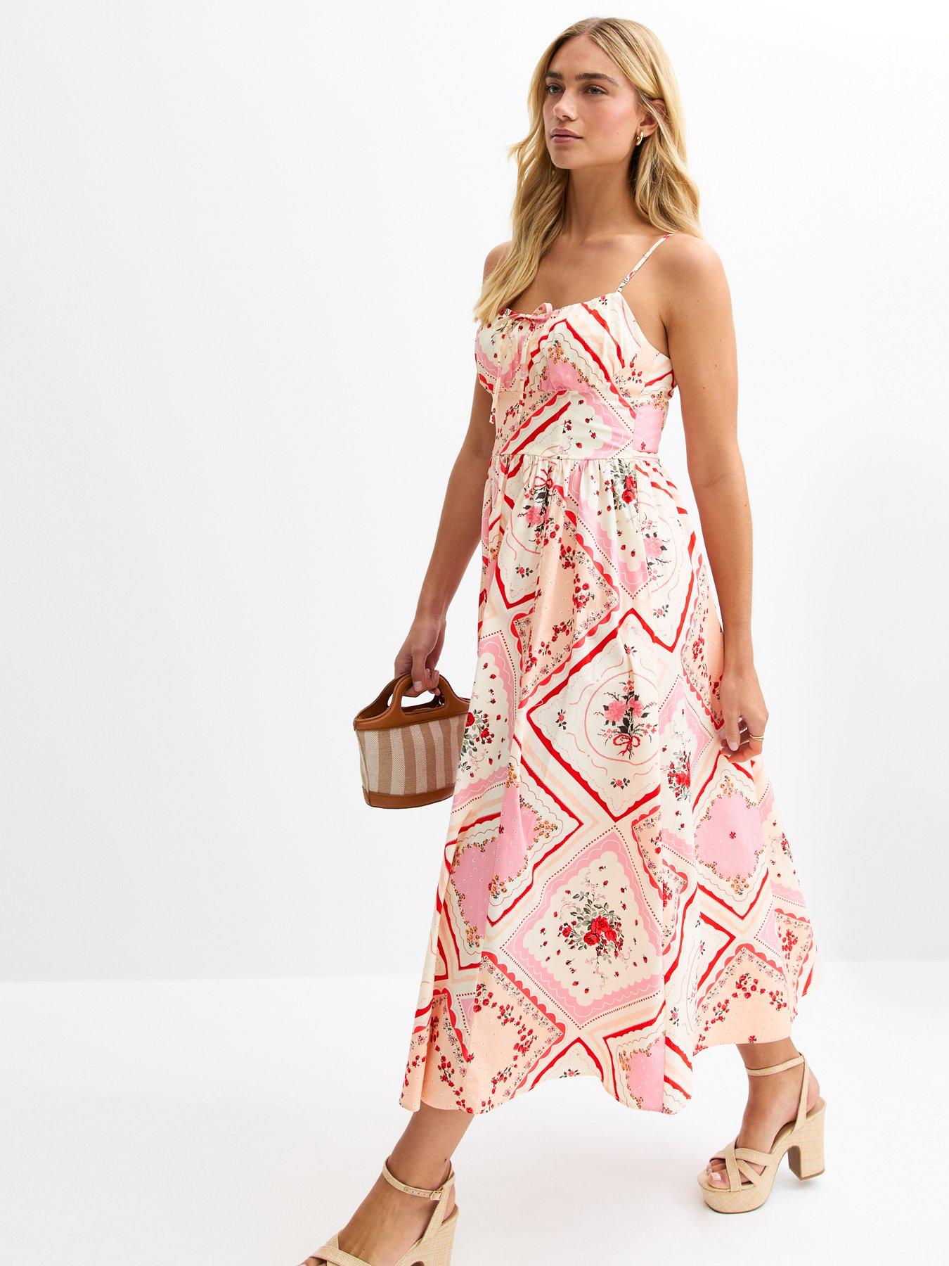  image of new-look-patchwork-print-corset-midi-dress-pink