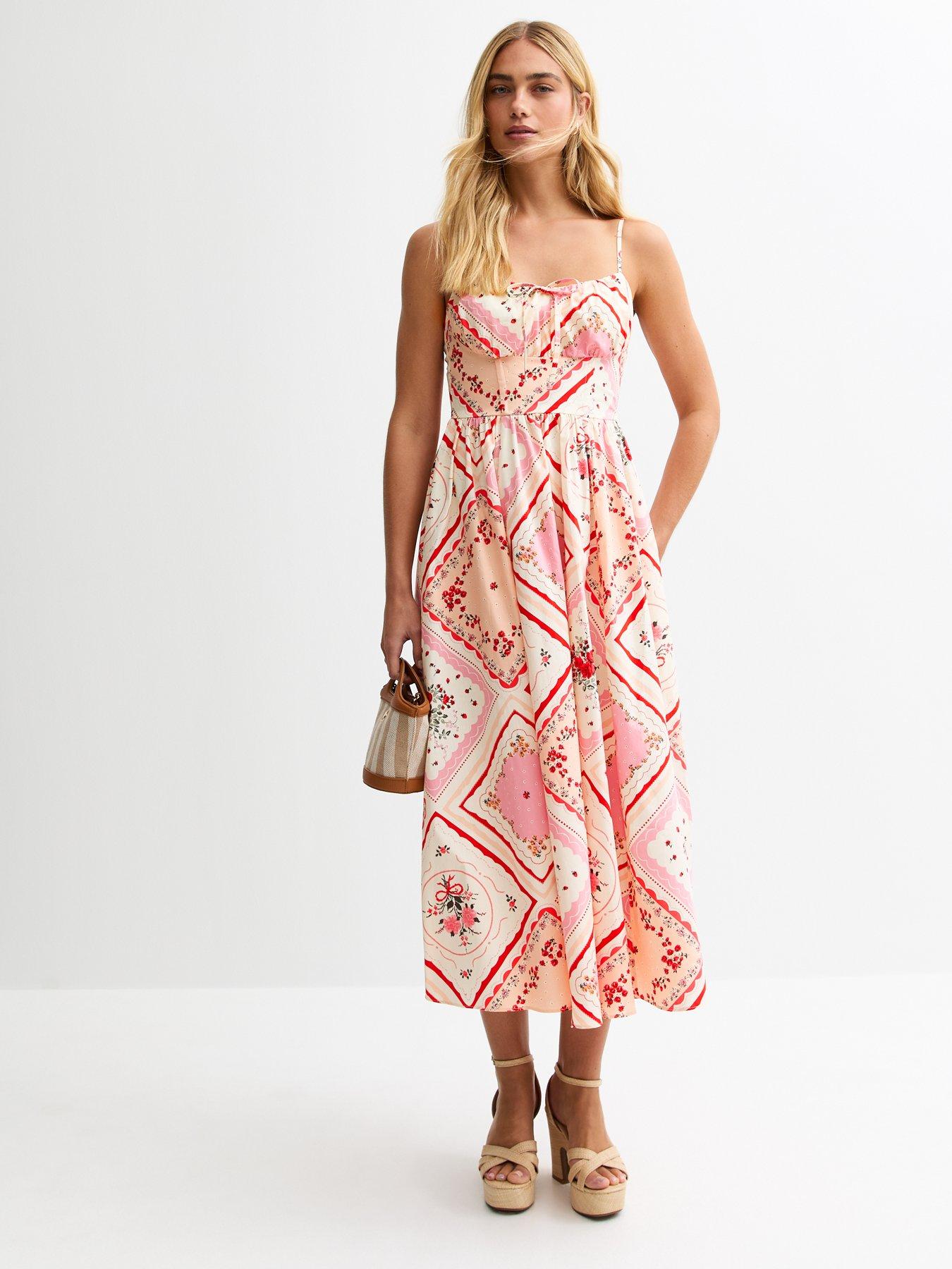  image of new-look-patchwork-print-corset-midi-dress-pink