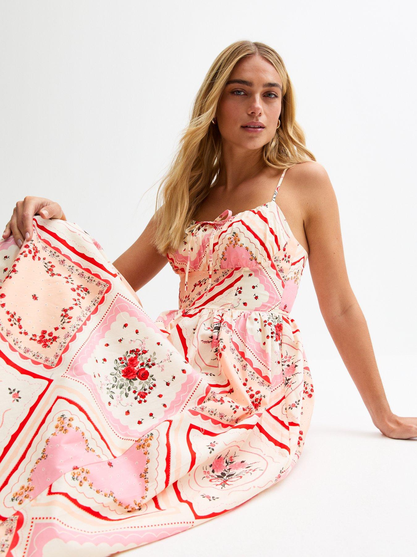  image of new-look-patchwork-print-corset-midi-dress-pink