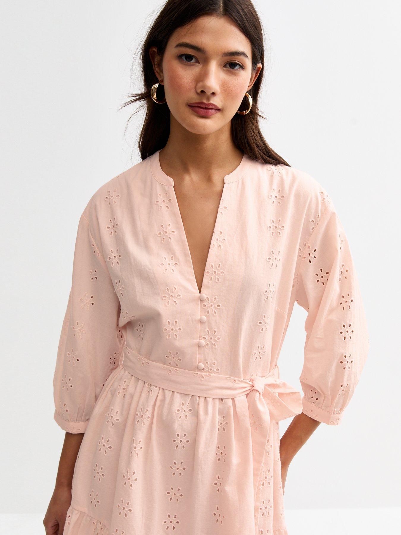  image of new-look-broderie-long-sleeve-smock-dress-light-pink