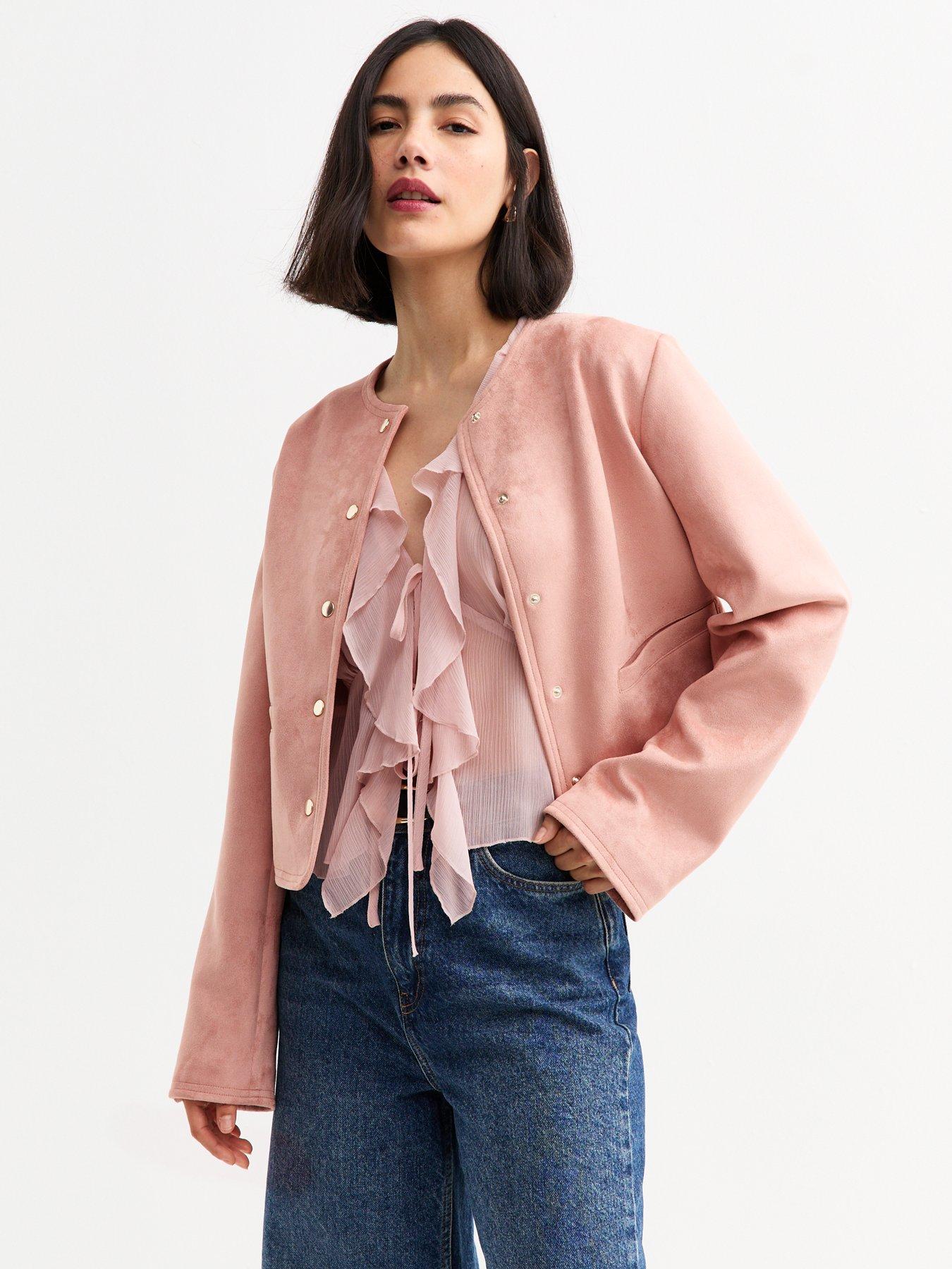 undefined Faux Suede Collarless Jacket - Pink
