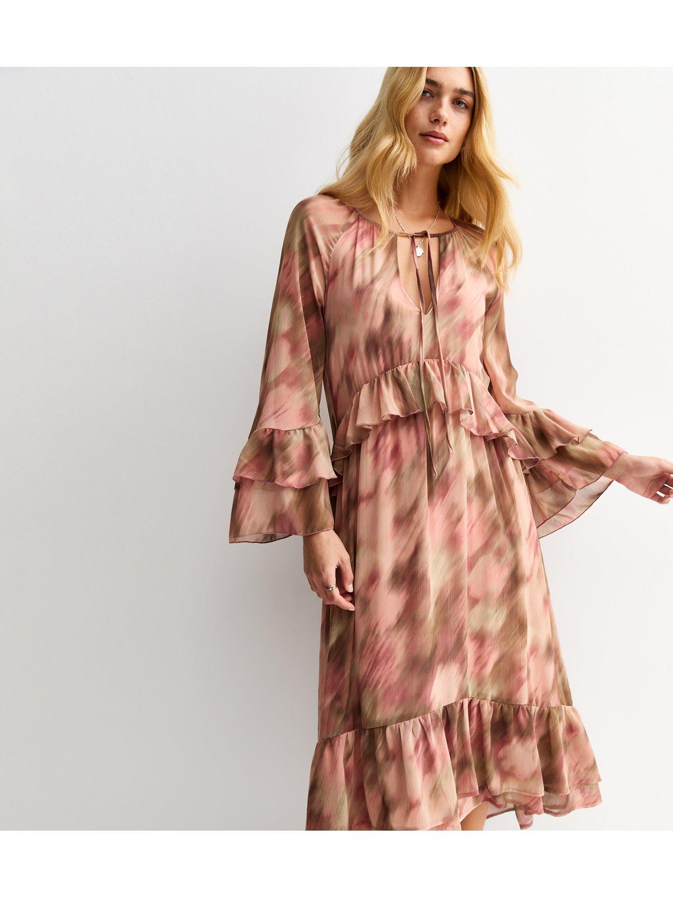 New Look Blurred Floral Print Chiffon Midi Dress - Pink | Littlewoods