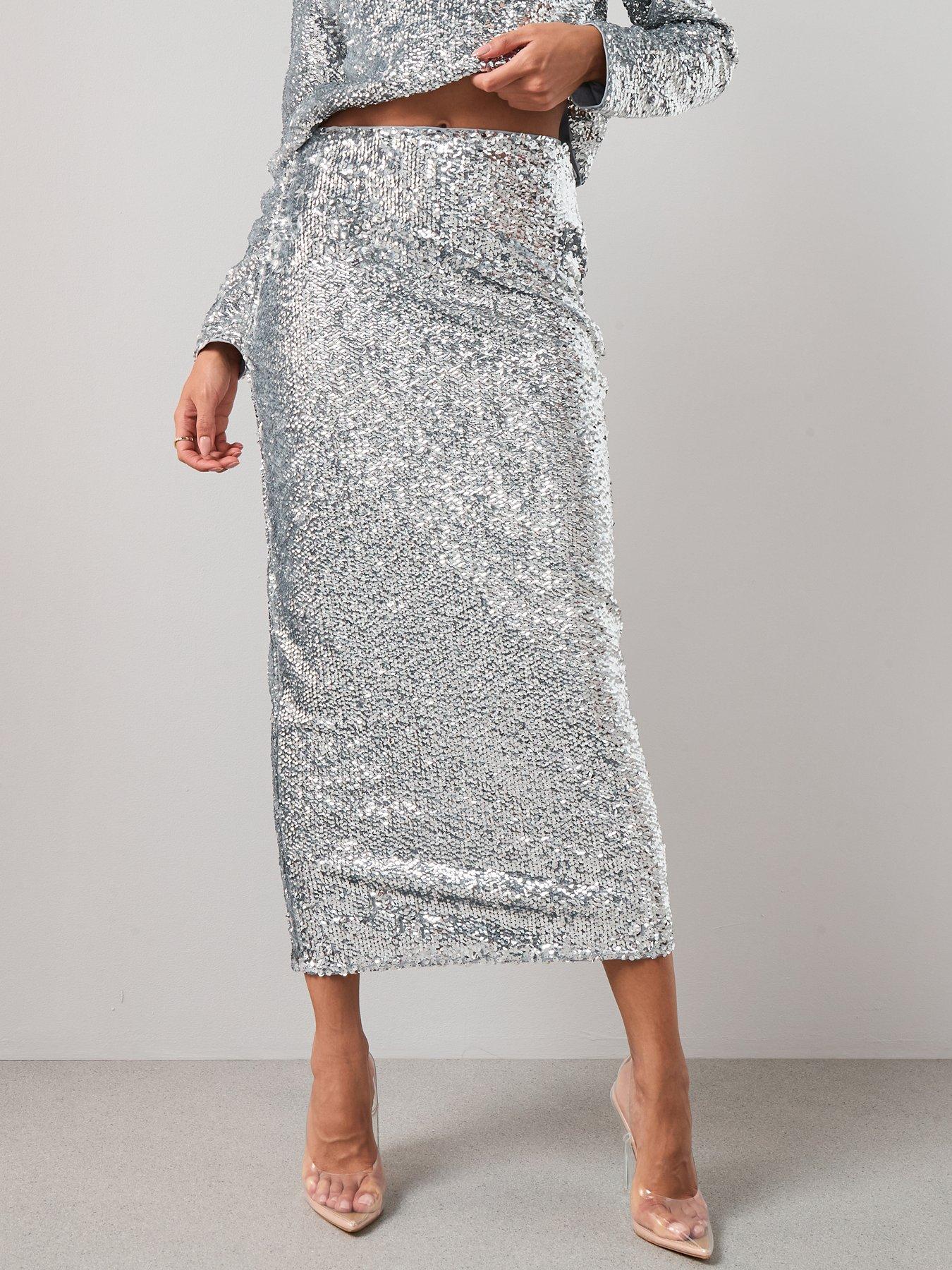 The Very Collection Embellished Column Midi Skirt - Silver
