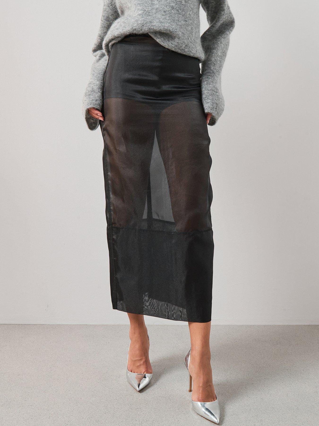 Image 1 of 6 of The Very Collection Sheer Organza Fitted Pencil Skirt - Black