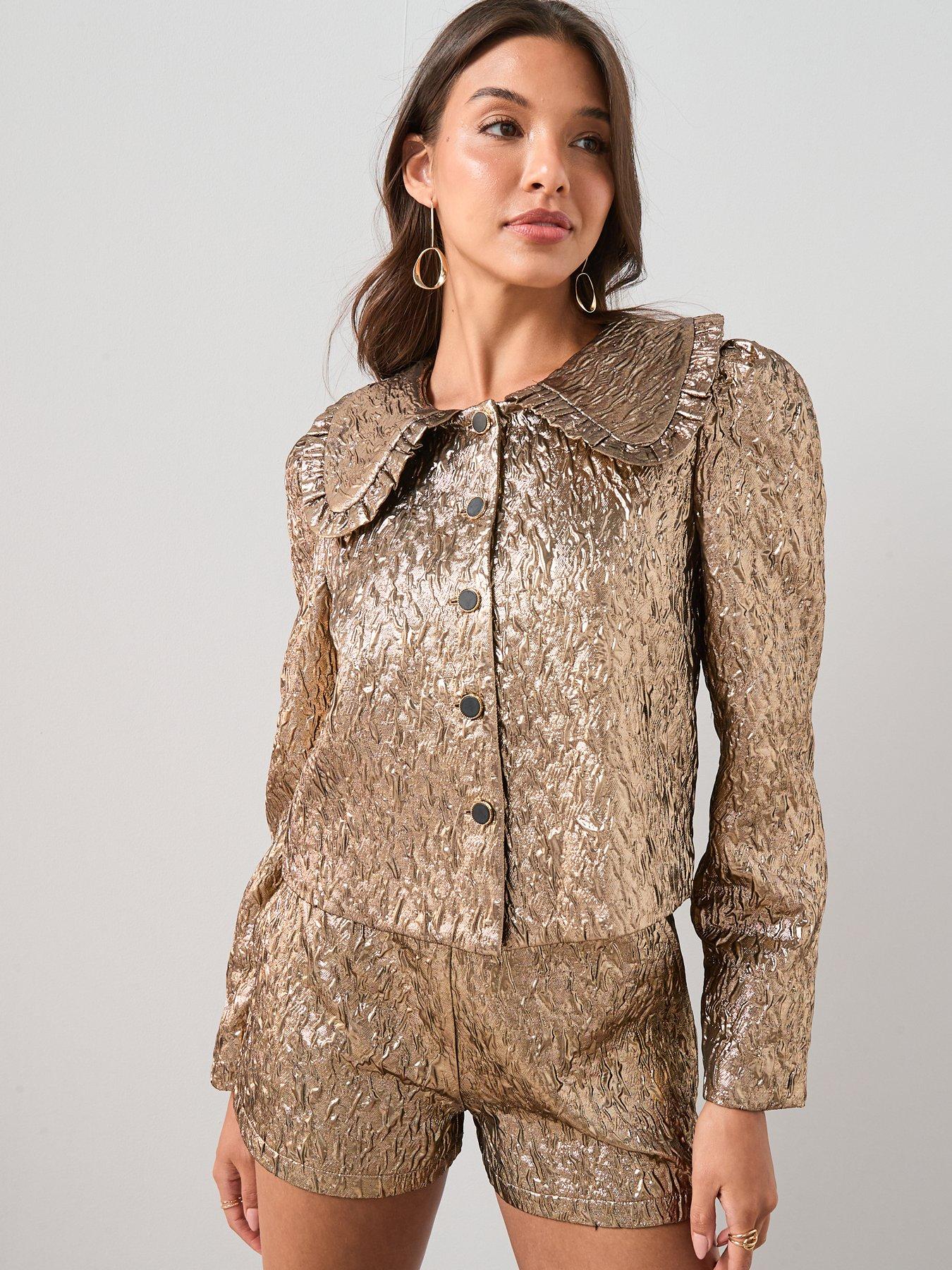 Image 2 of 7 of The Very Collection X Carol Byrne Textured Peter Pan Collared Crop Jacket - Gold