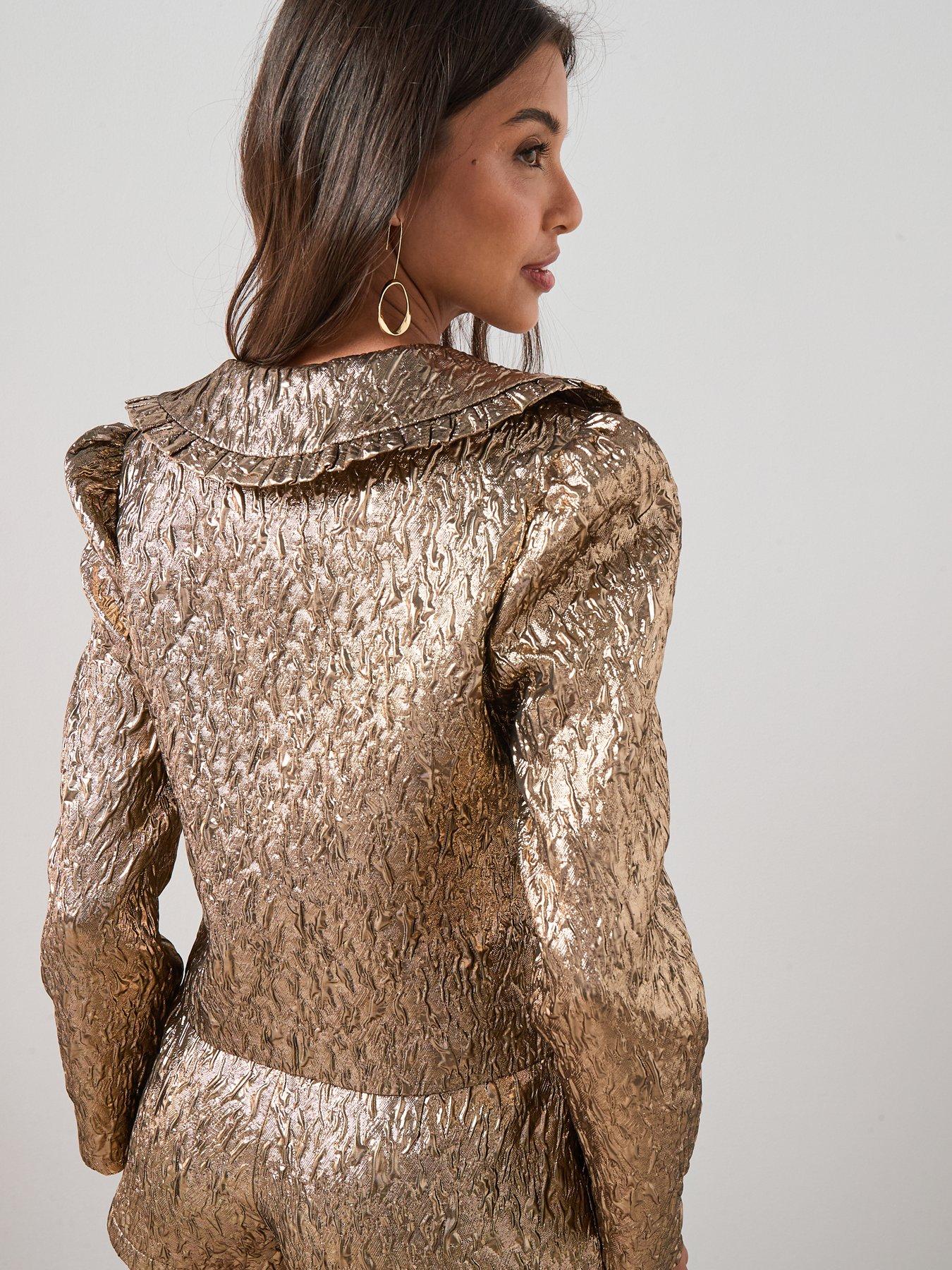 Image 3 of 7 of The Very Collection X Carol Byrne Textured Peter Pan Collared Crop Jacket - Gold