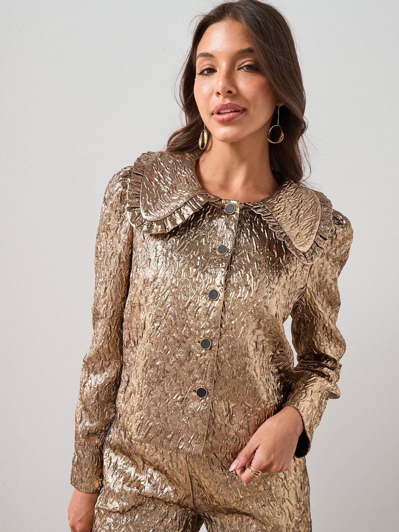 Image 6 of 7 of The Very Collection X Carol Byrne Textured Peter Pan Collared Crop Jacket - Gold
