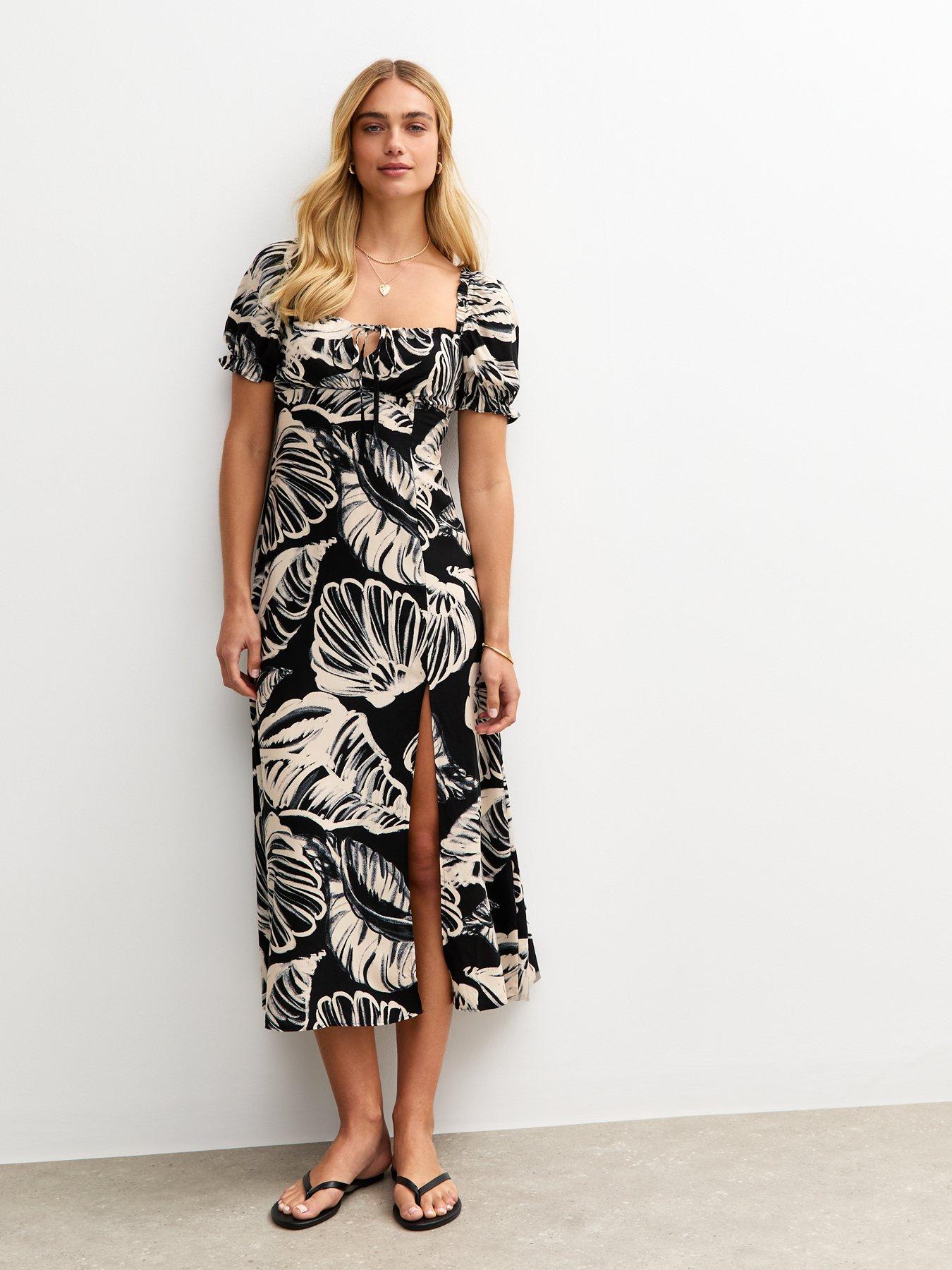 undefined Shell Print Milkmaid Midi Dress - Black