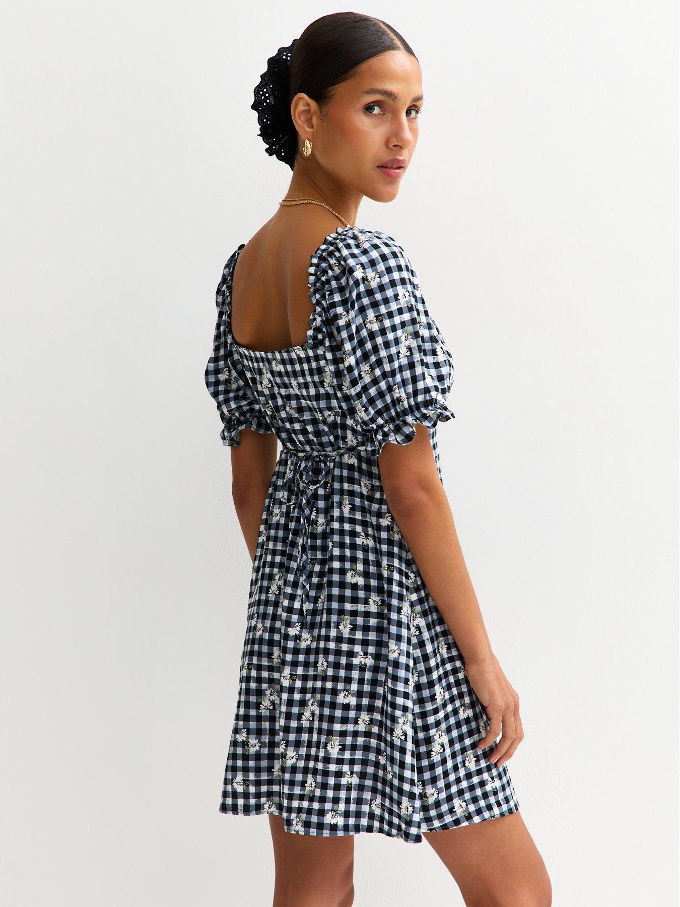  image of new-look-navy-gingham-floral-embroidered-milkmaid-mini-dress-blue