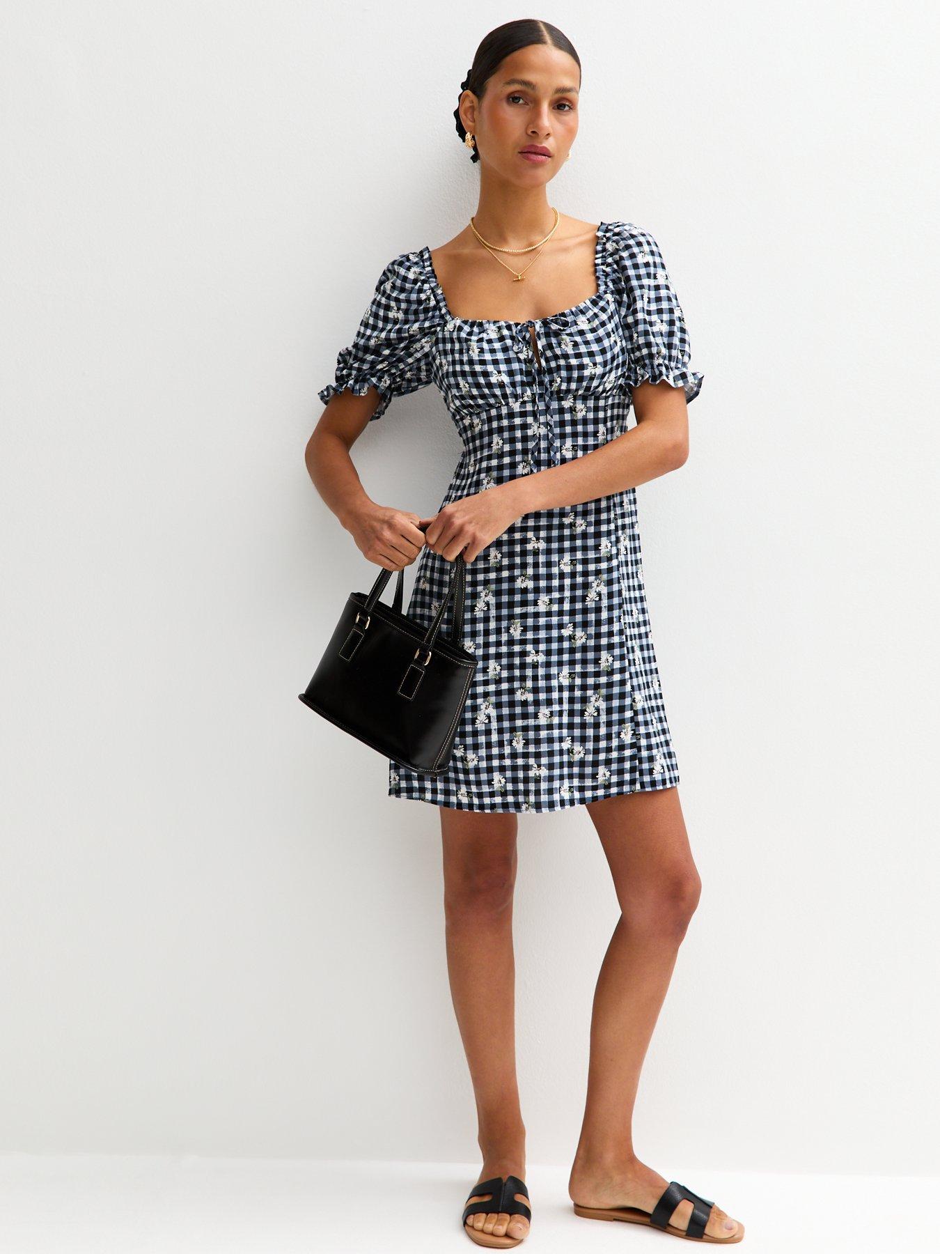  image of new-look-navy-gingham-floral-embroidered-milkmaid-mini-dress-blue
