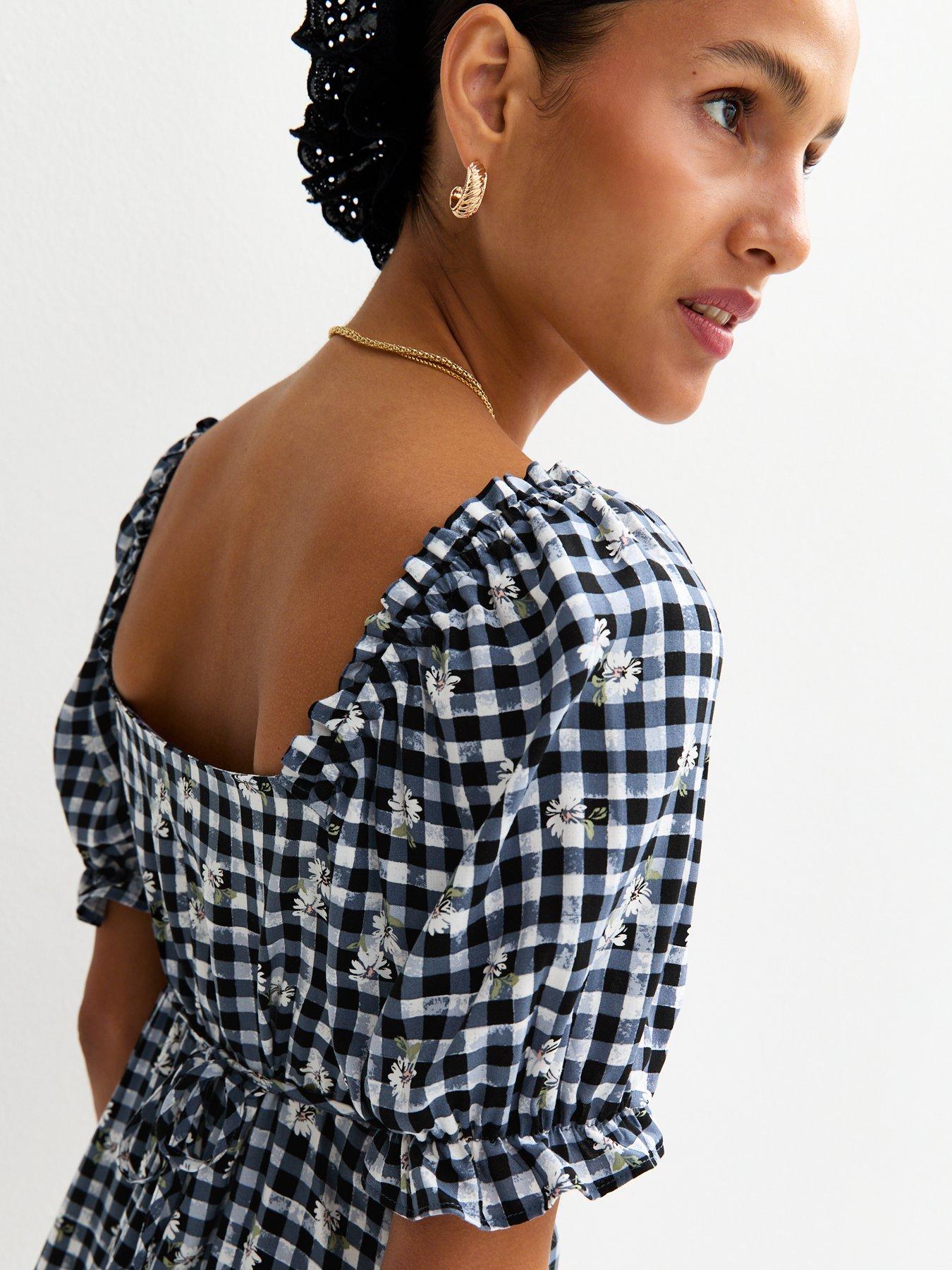  image of new-look-navy-gingham-floral-embroidered-milkmaid-mini-dress-blue