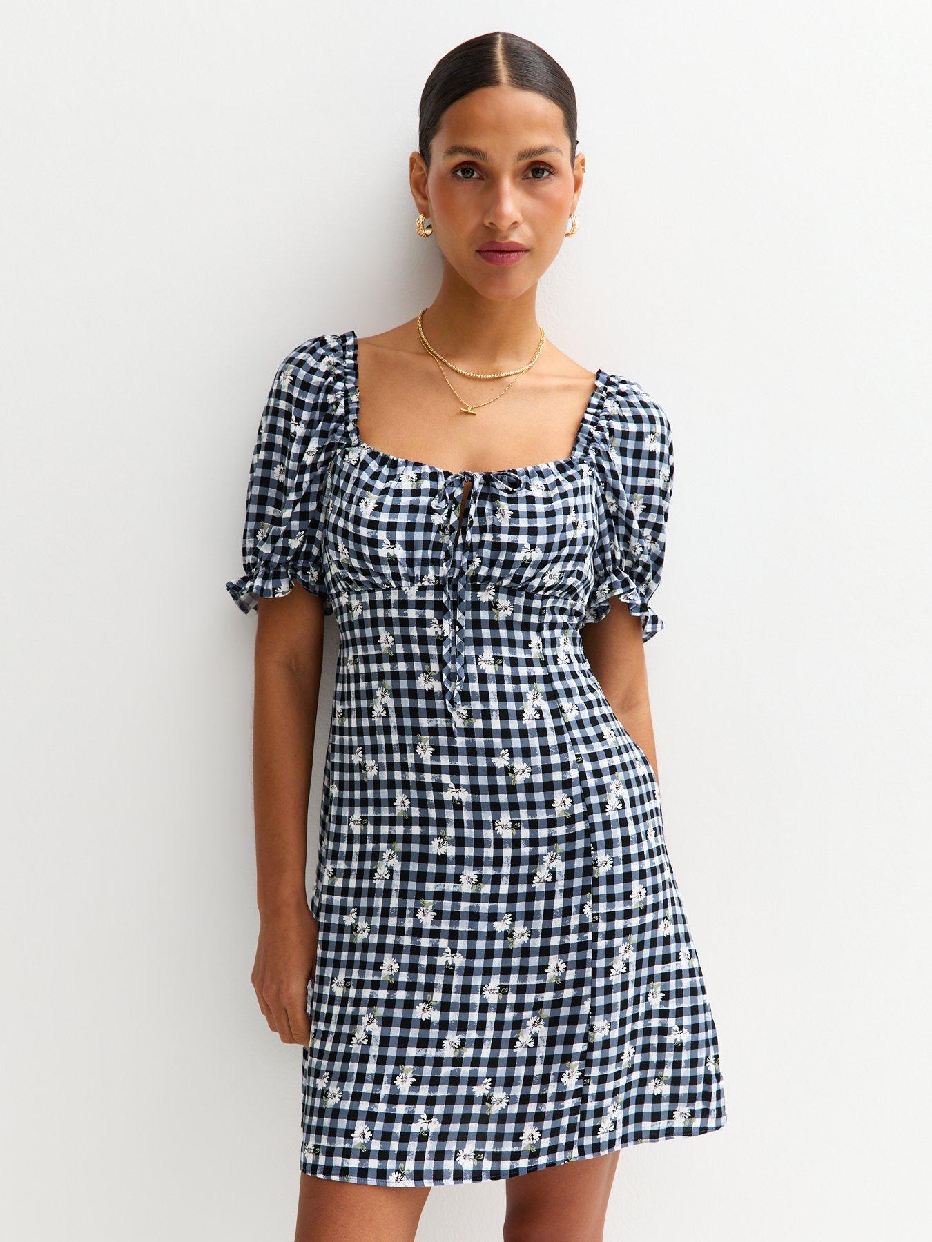  image of new-look-navy-gingham-floral-embroidered-milkmaid-mini-dress-blue