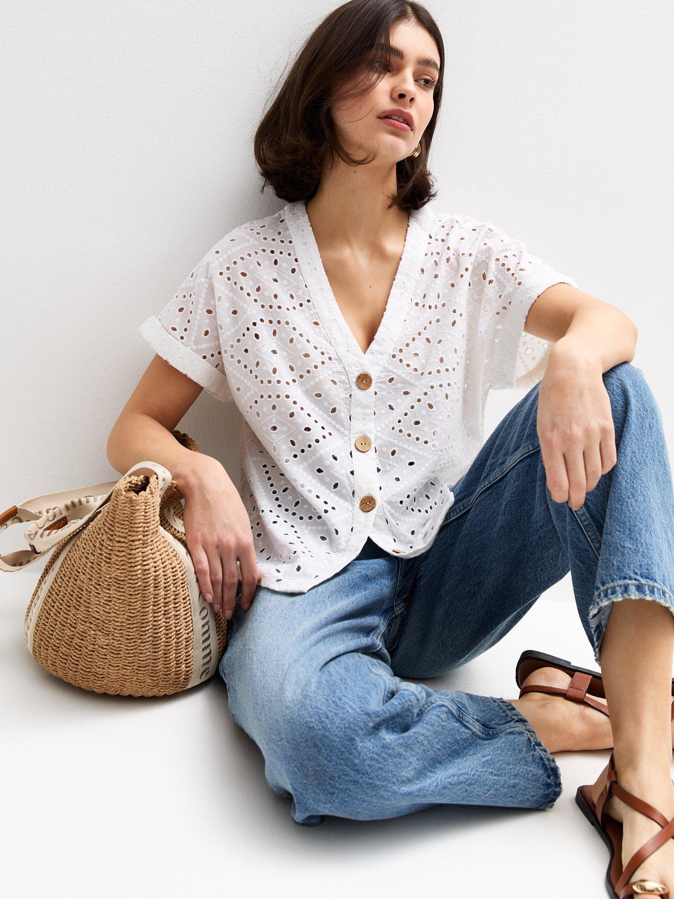 undefined White Broderie Anglaise Short Sleeve Shirt