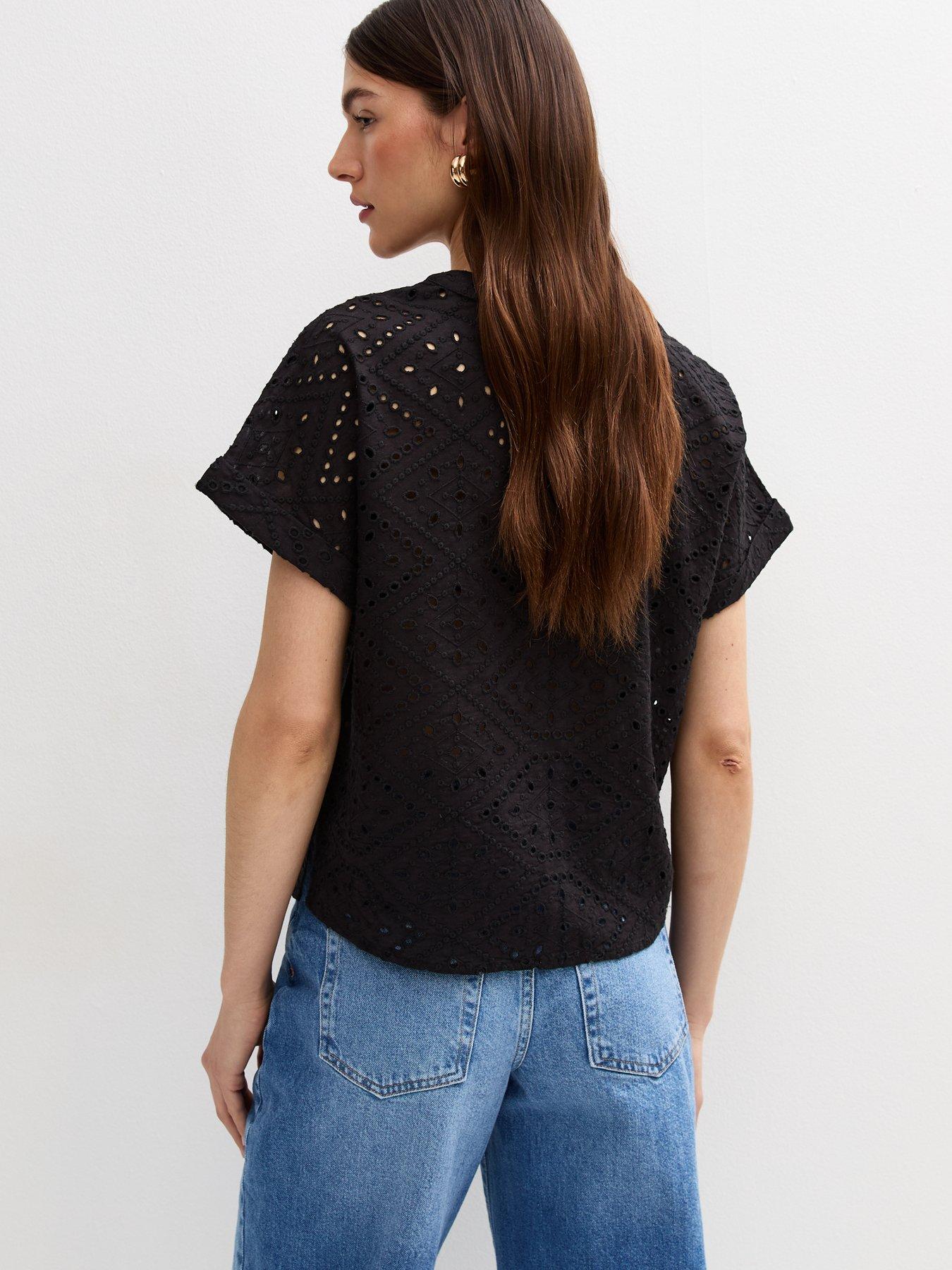  image of new-look-broderie-anglaise-short-sleeve-shirt-black