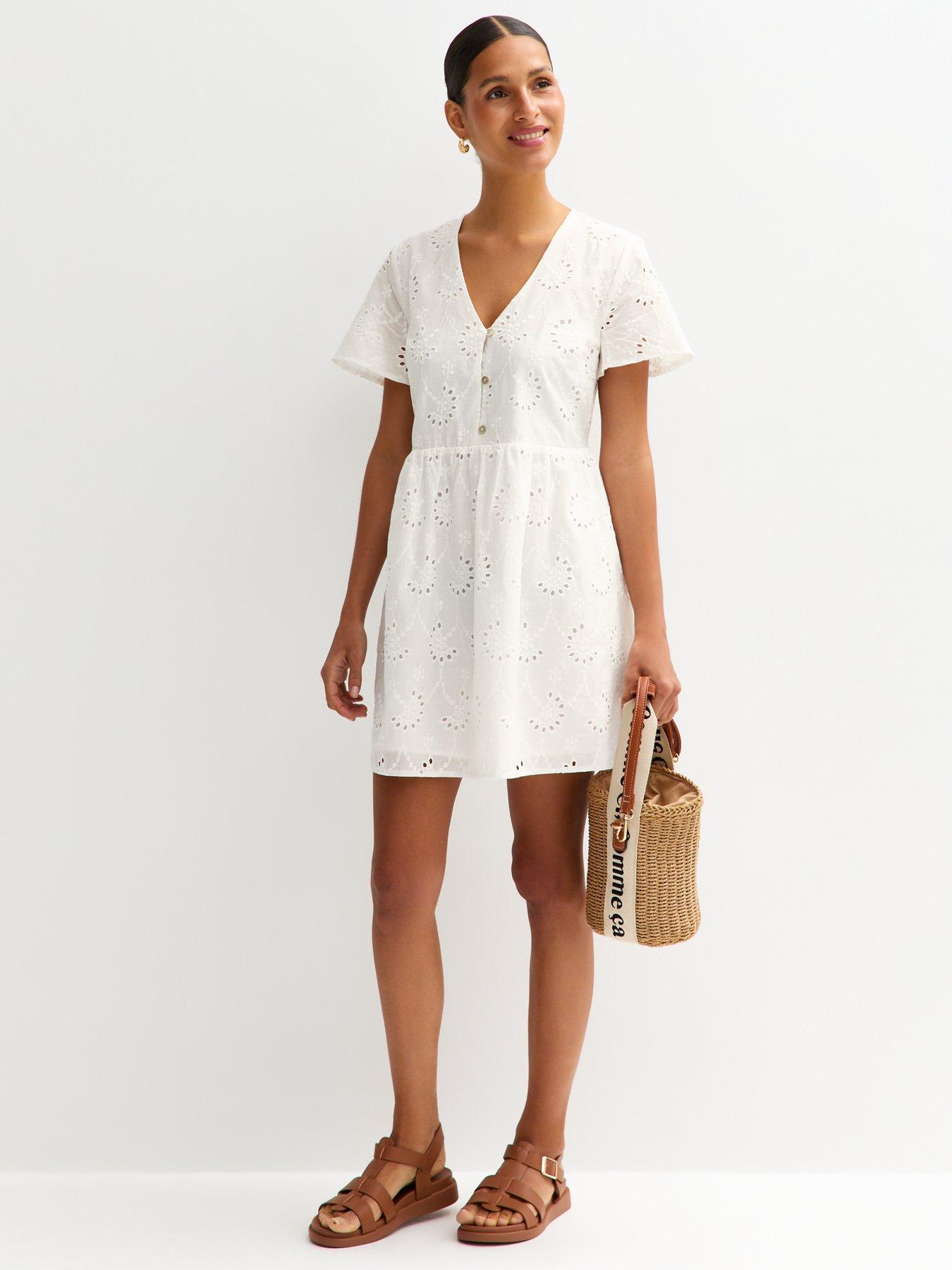  image of new-look-white-broderie-anglaise-v-neck-mini-dress
