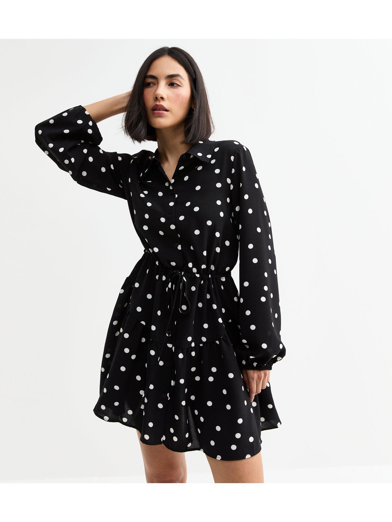 new-look-polka-dot-belted-mini-shirt-dress-black