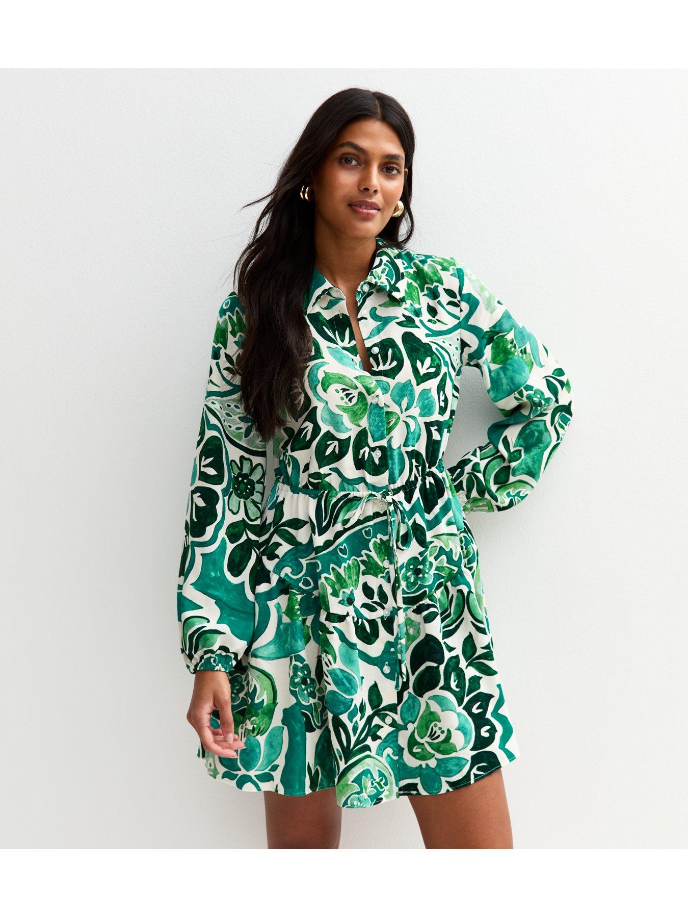 new-look-paisley-print-belted-mini-shirt-dress-green