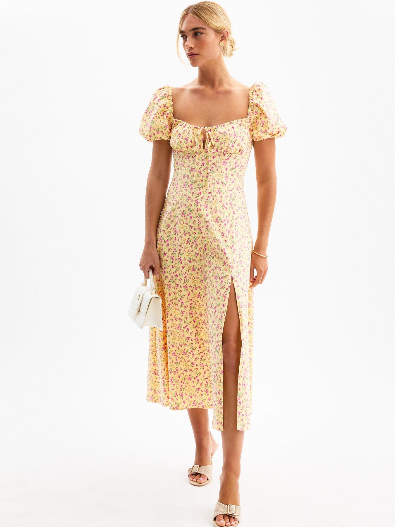 new-look-floral-print-puff-sleeve-midi-dress-yellow