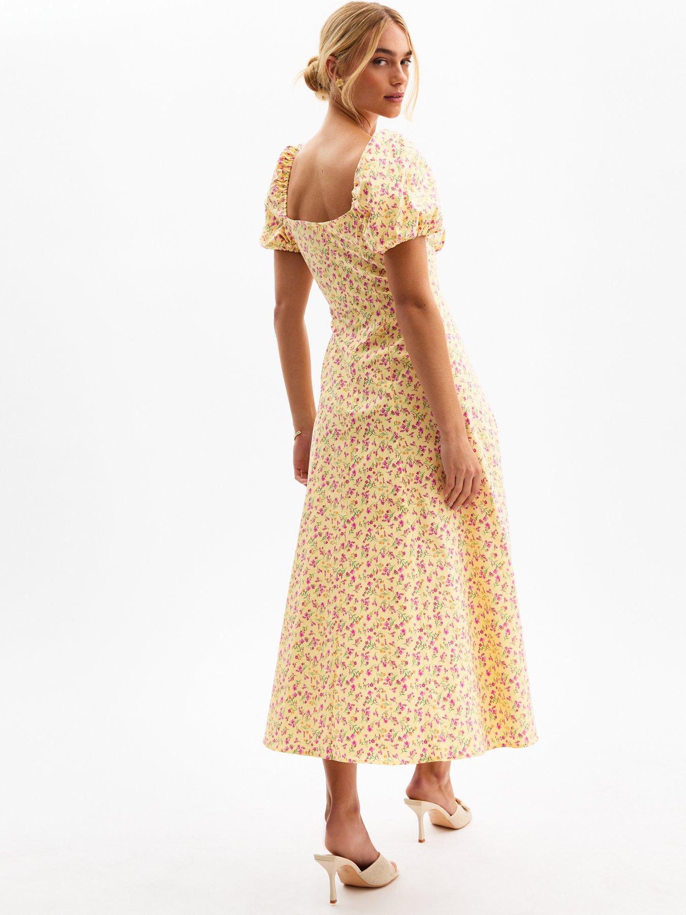 Pre-Order Yellow Puff Sleeve Square Neck Open Back Floral Midi Dress