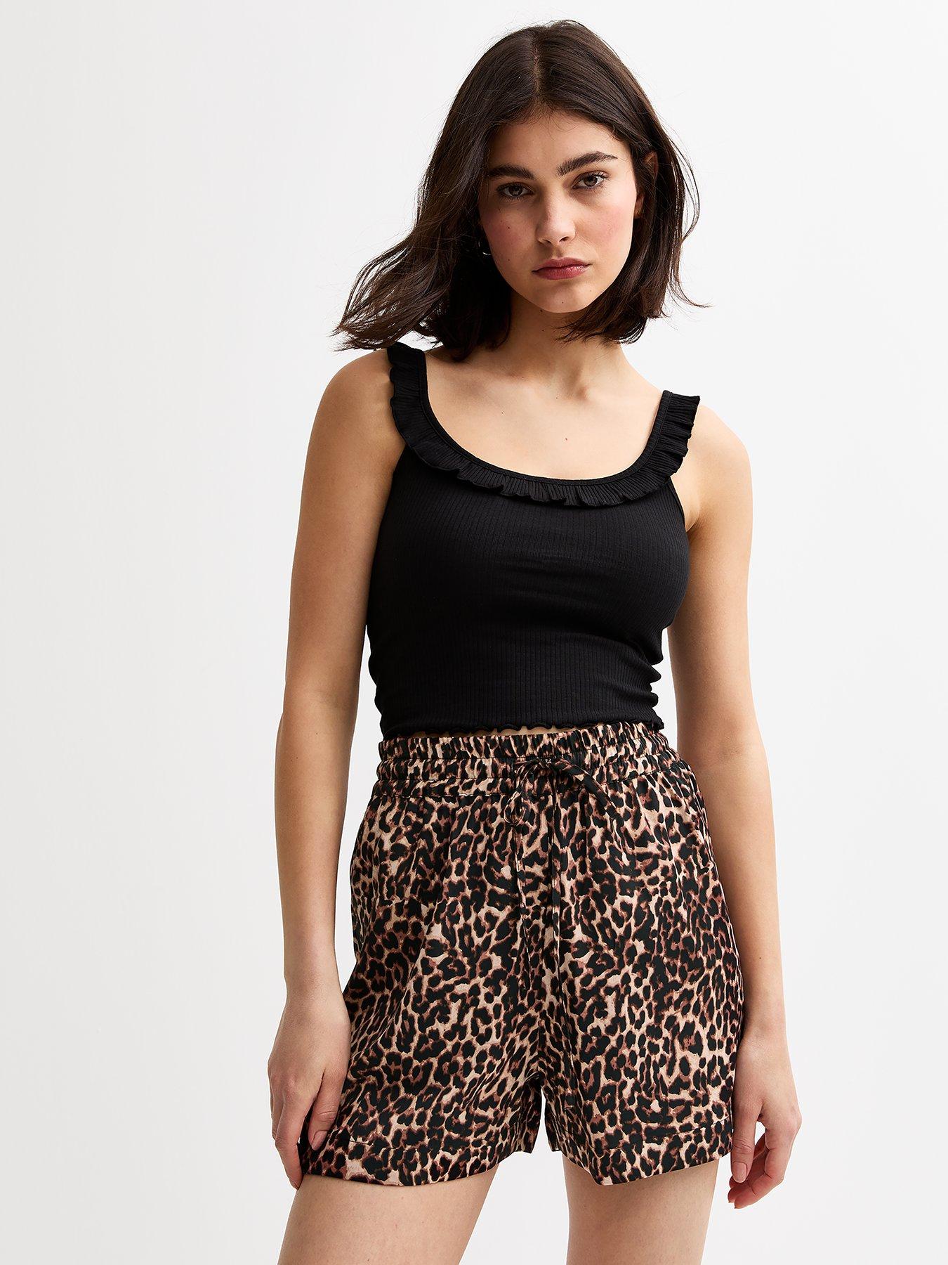 undefined Leopard Print Drawstring Waist Shorts - Brown