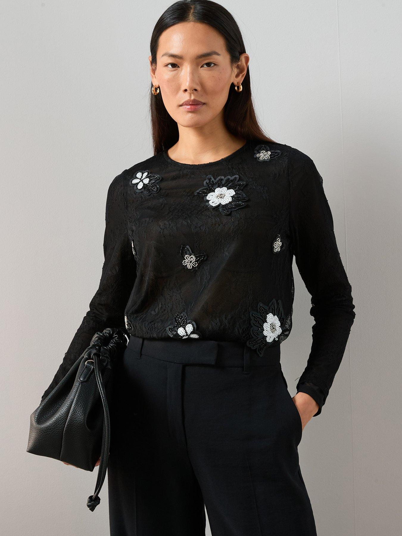 The Very Collection Embellished Flower Detail Lace Top - Black