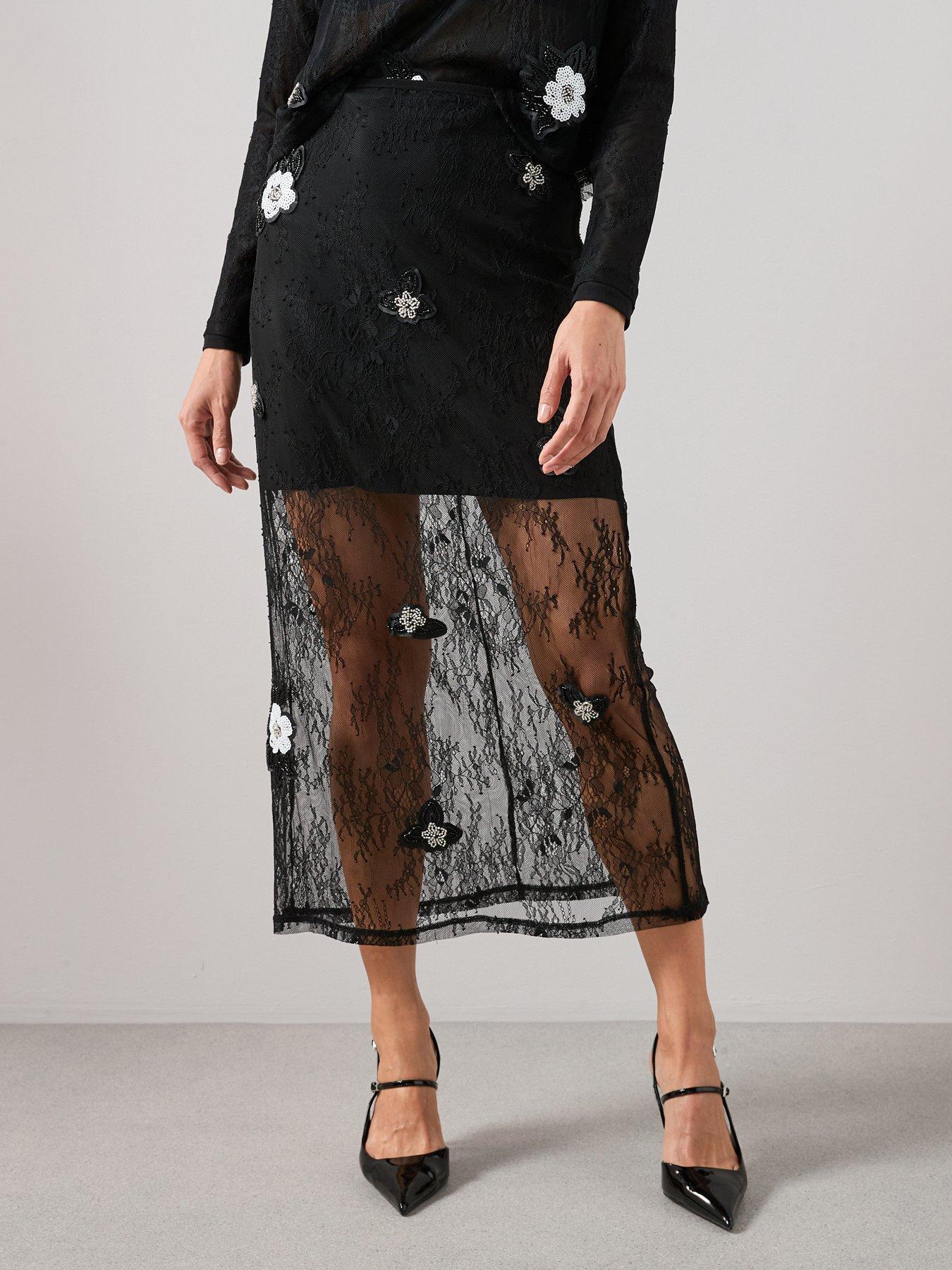 The Very Collection Embellished Flower Detail Column Skirt - Black
